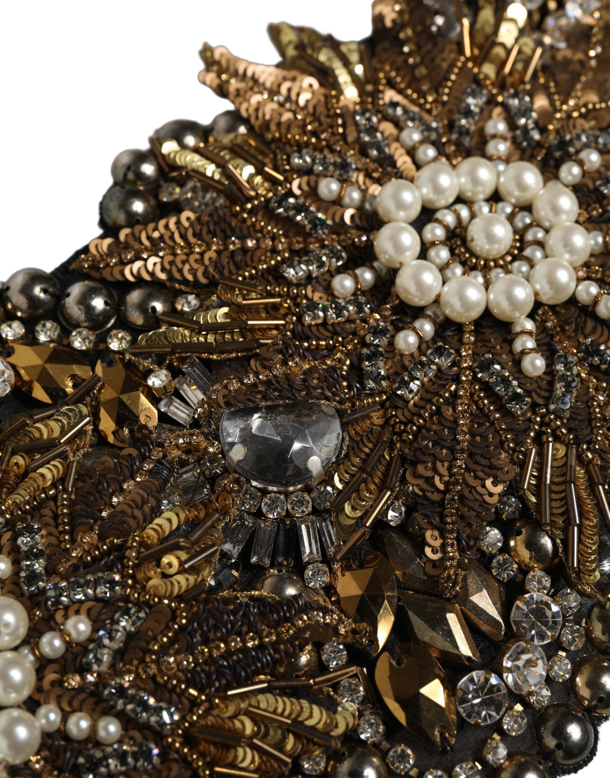 Dolce & Gabbana Schwarze Gürtelbrosche aus Messing mit goldfarbenen Akzenten und Kristallblumen