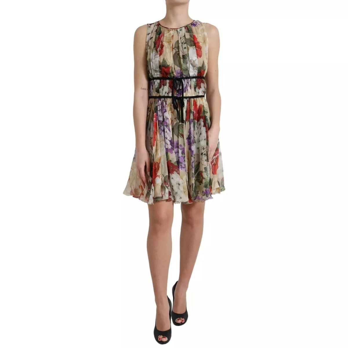 Dolce & Gabbana Beigefarbenes ärmelloses Minikleid in A-Linie mit Blumenmuster
