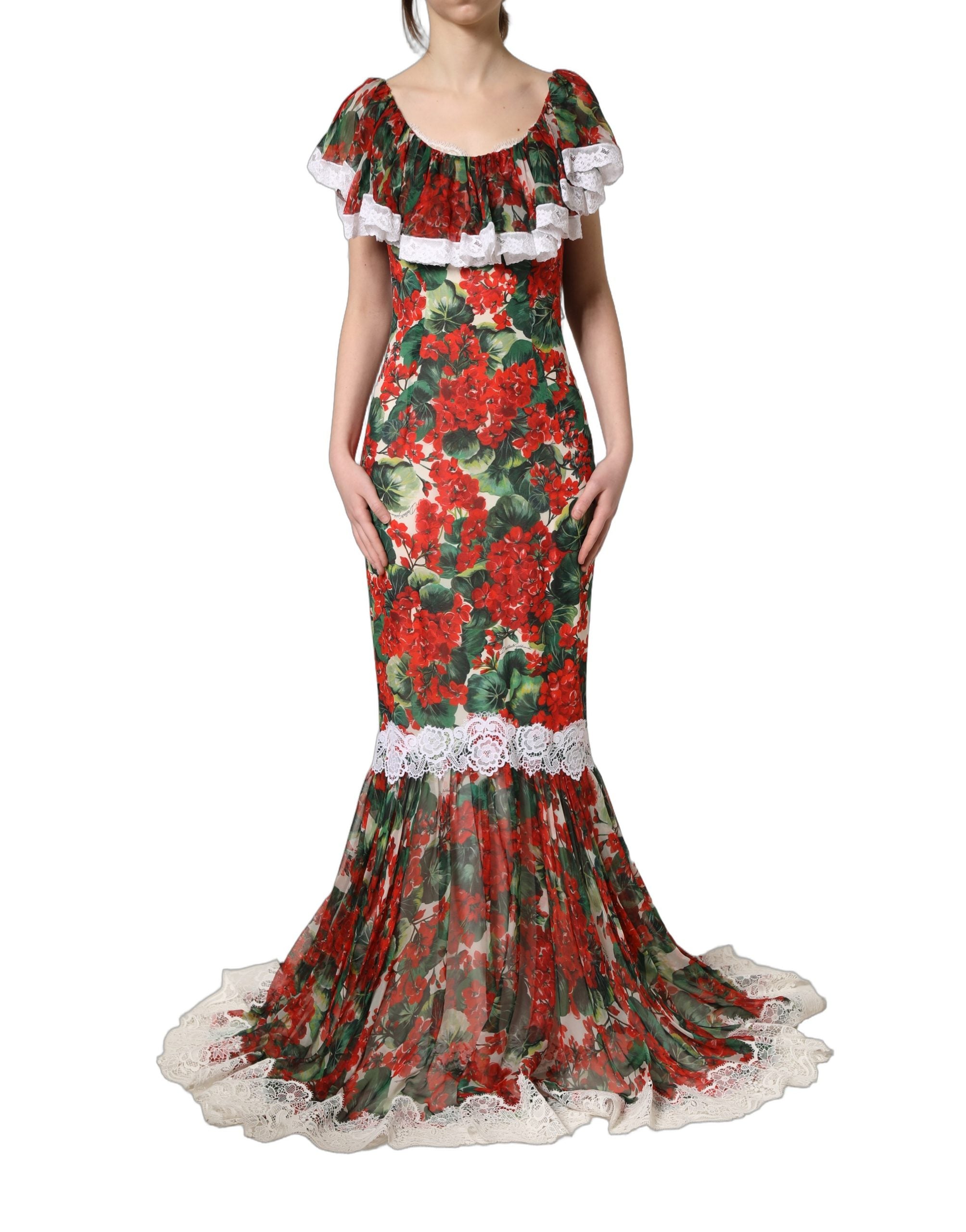 Dolce & Gabbana Multicolor Geranium Flower Spitzen-Maxikleid