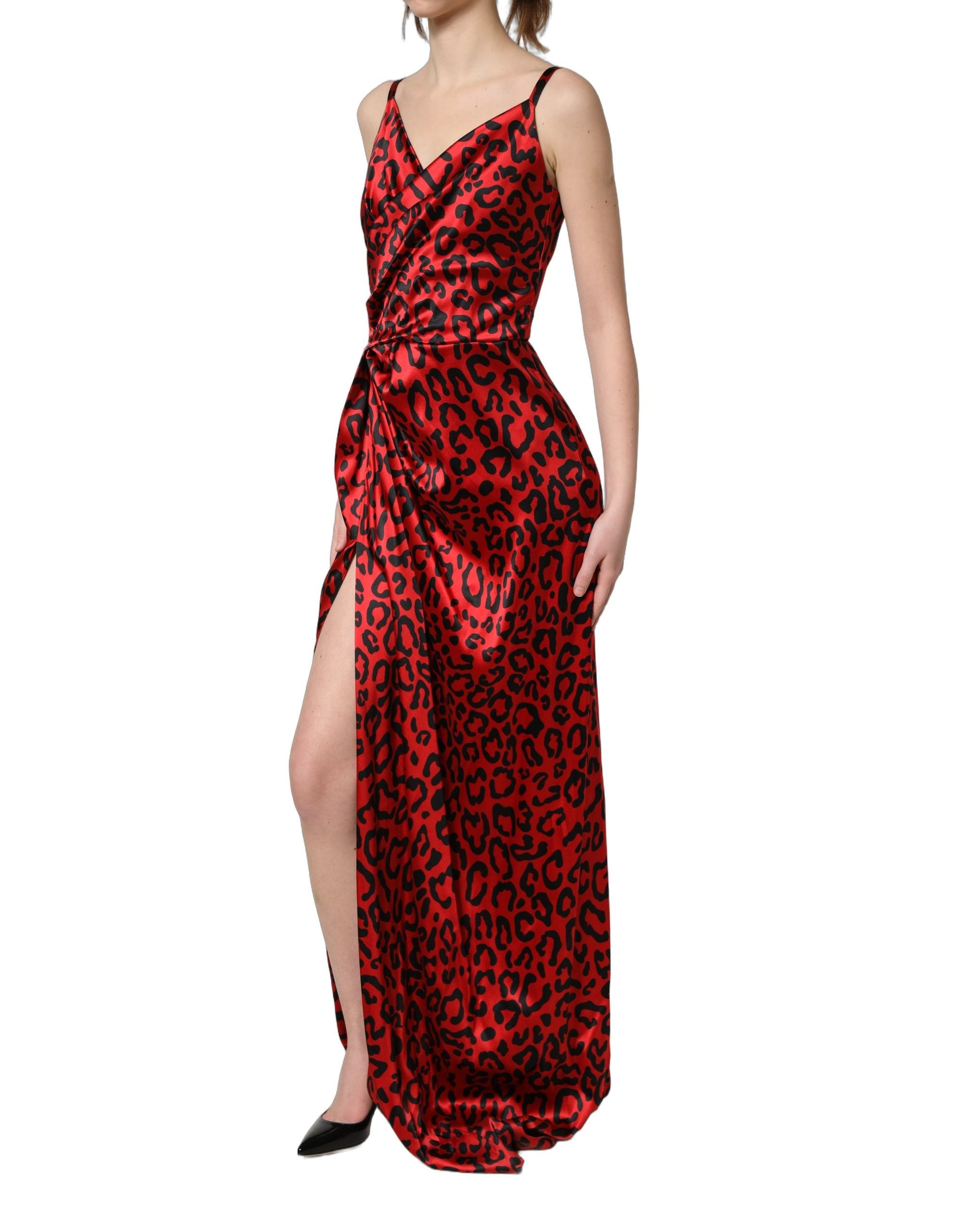 Dolce & Gabbana Rotes Maxikleid mit Leopardenmuster und Drapierung, ärmellos