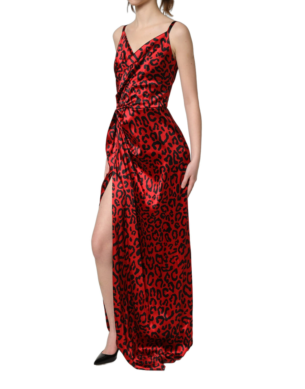 Dolce & Gabbana Rotes Maxikleid mit Leopardenmuster und Drapierung, ärmellos