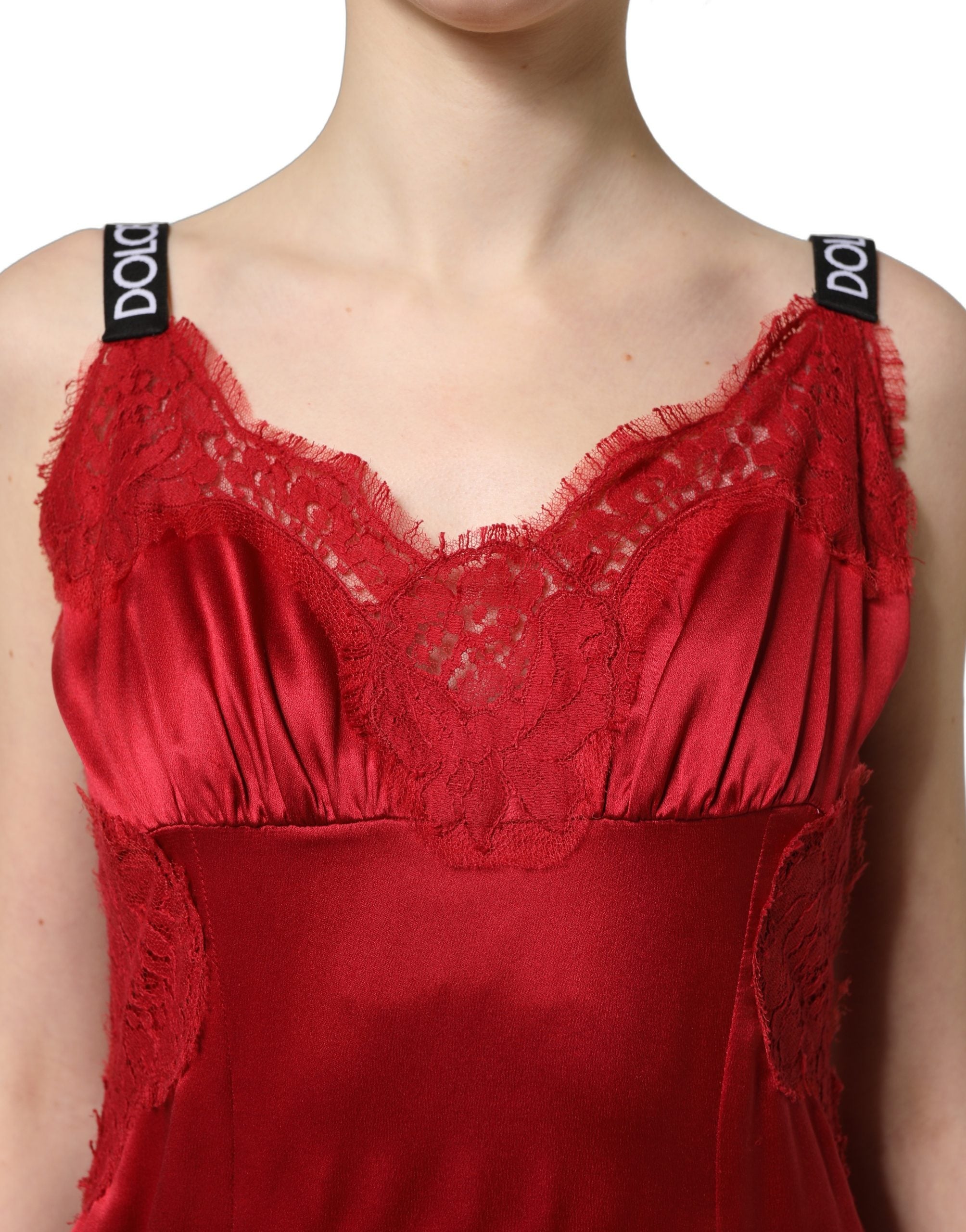 Dolce & Gabbana Ärmelloses Maxikleid aus roter Seide mit Spitzendetails