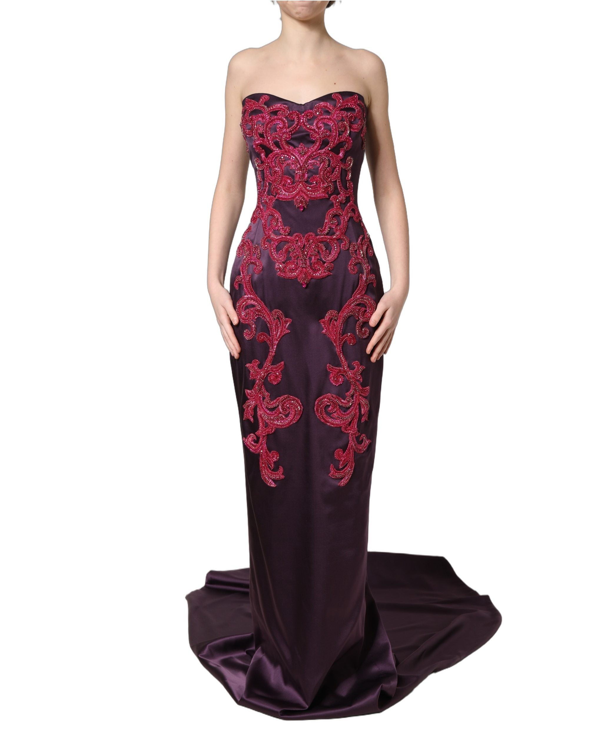 Dolce & Gabbana Lila Seiden-Abendkleid mit Kristallen und Trägern, bodenlang