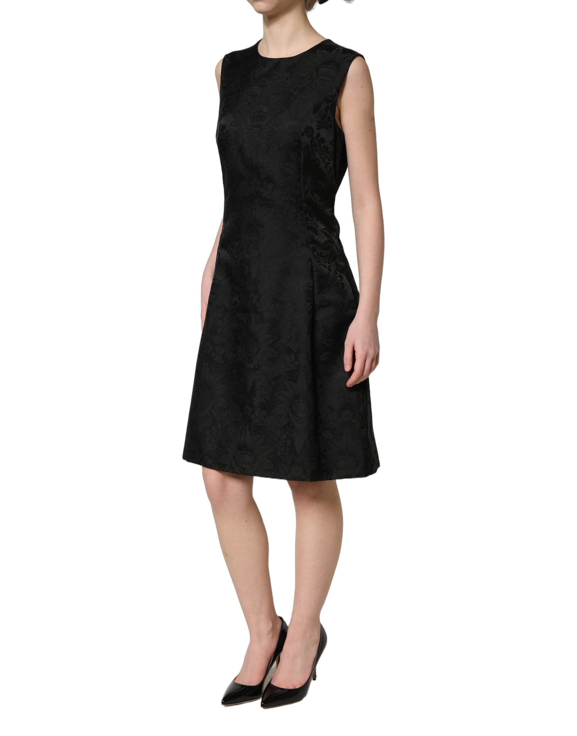 Dolce & Gabbana Schwarzes ärmelloses A-Linien-Kleid aus floralem Jacquard