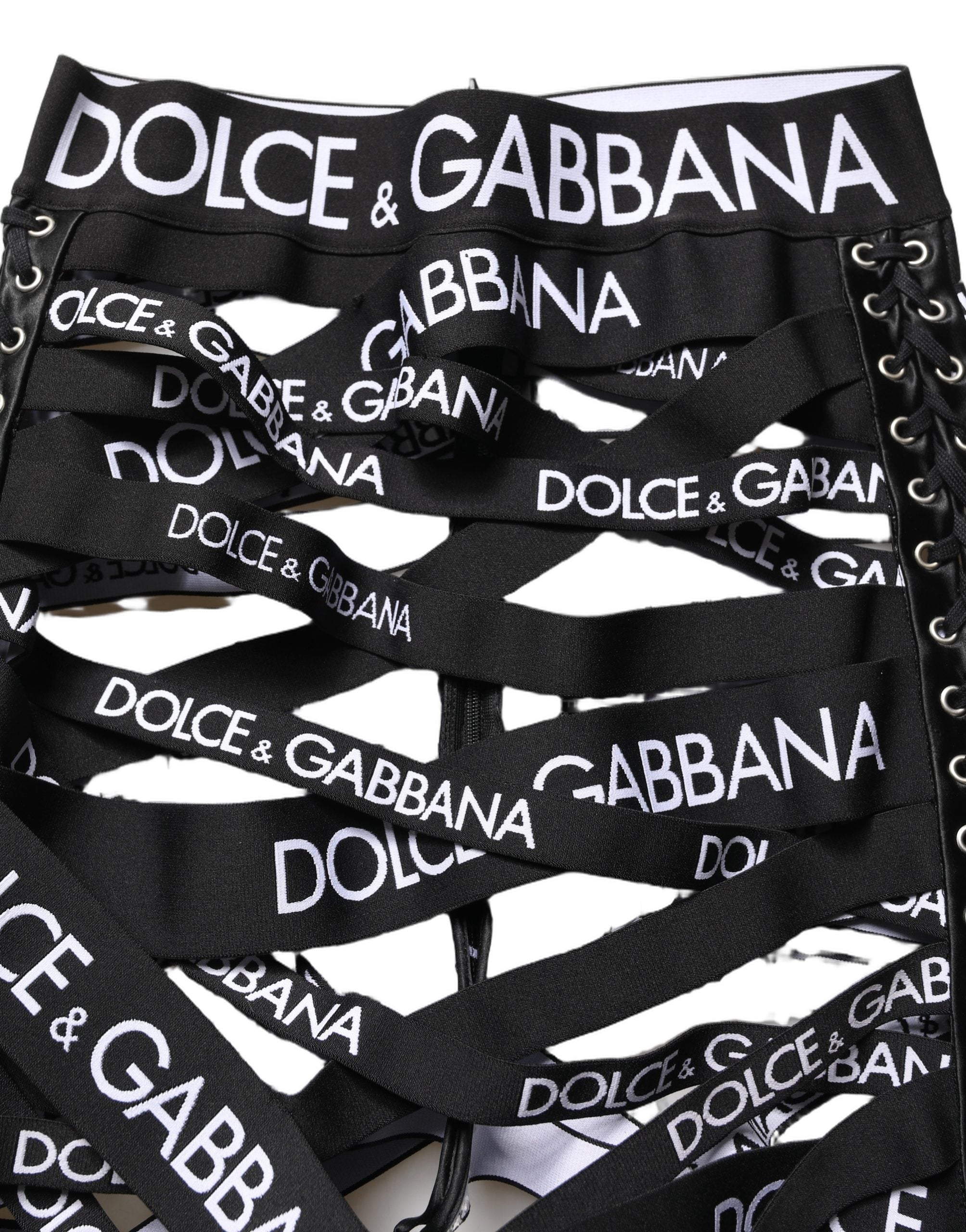 Dolce & Gabbana Schwarze Skinny High Waist Hose mit Logo-Tape und Cut-Out-Details
