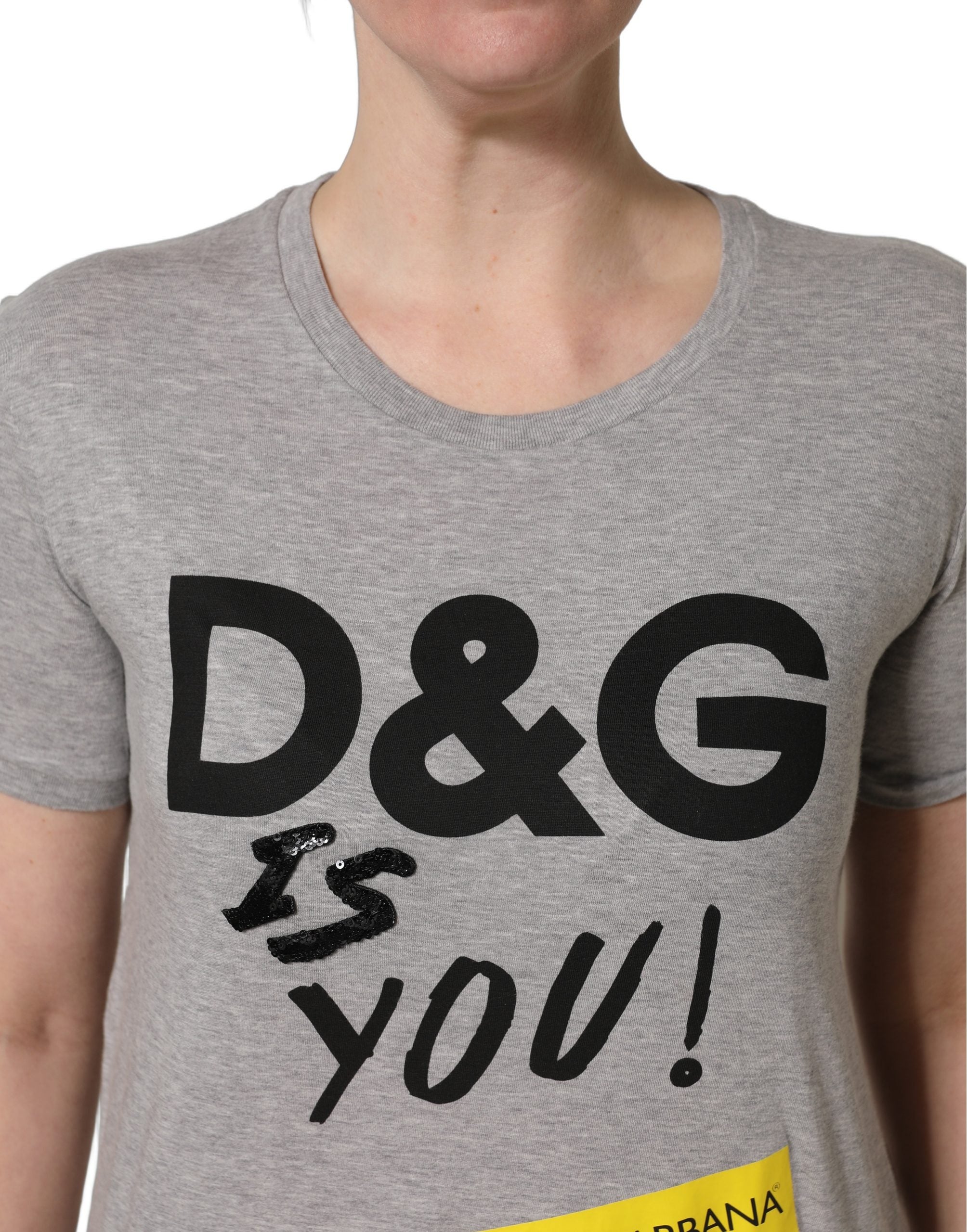 Dolce & Gabbana Graues Baumwoll-T-Shirt mit Logo-Print und Rundhalsausschnitt