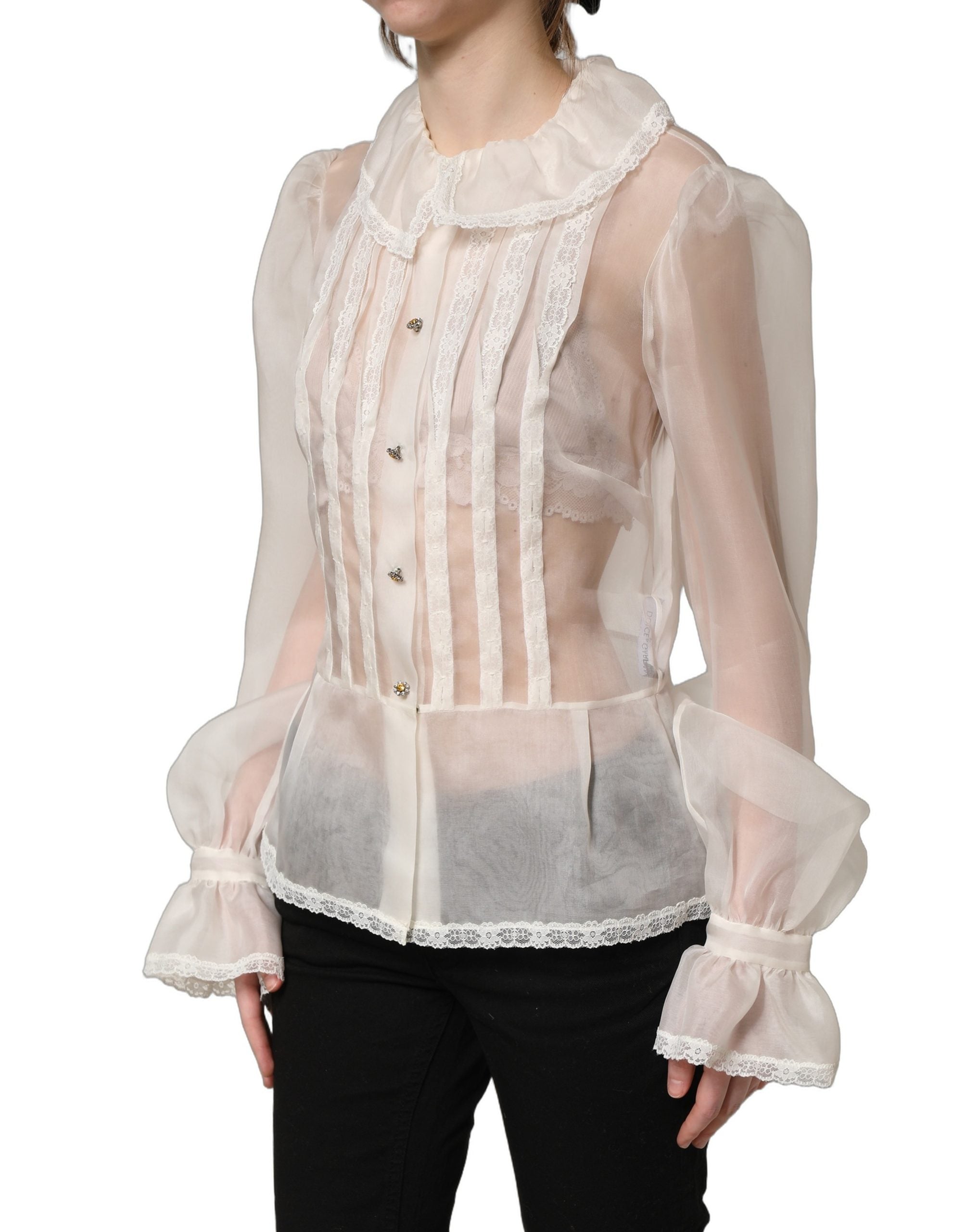 Dolce & Gabbana Weiße Rüschen-Bluse aus transparentem Seiden-Mix mit Knöpfen