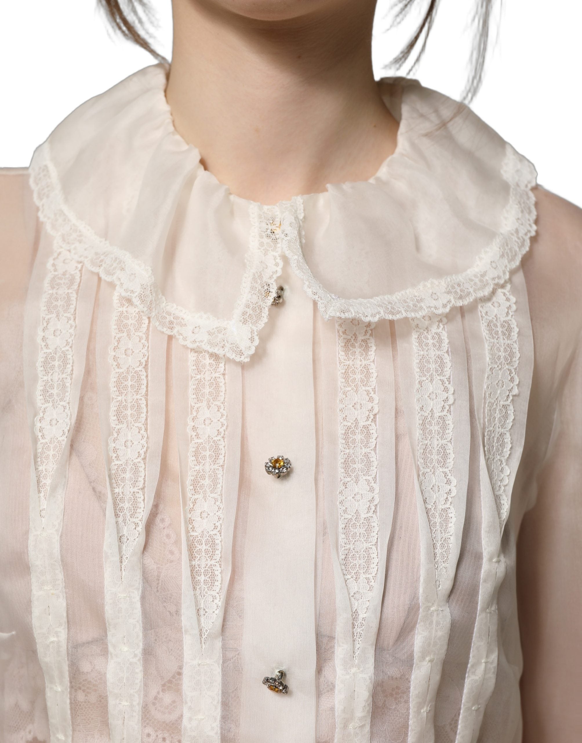 Dolce & Gabbana Weiße Rüschen-Bluse aus transparentem Seiden-Mix mit Knöpfen