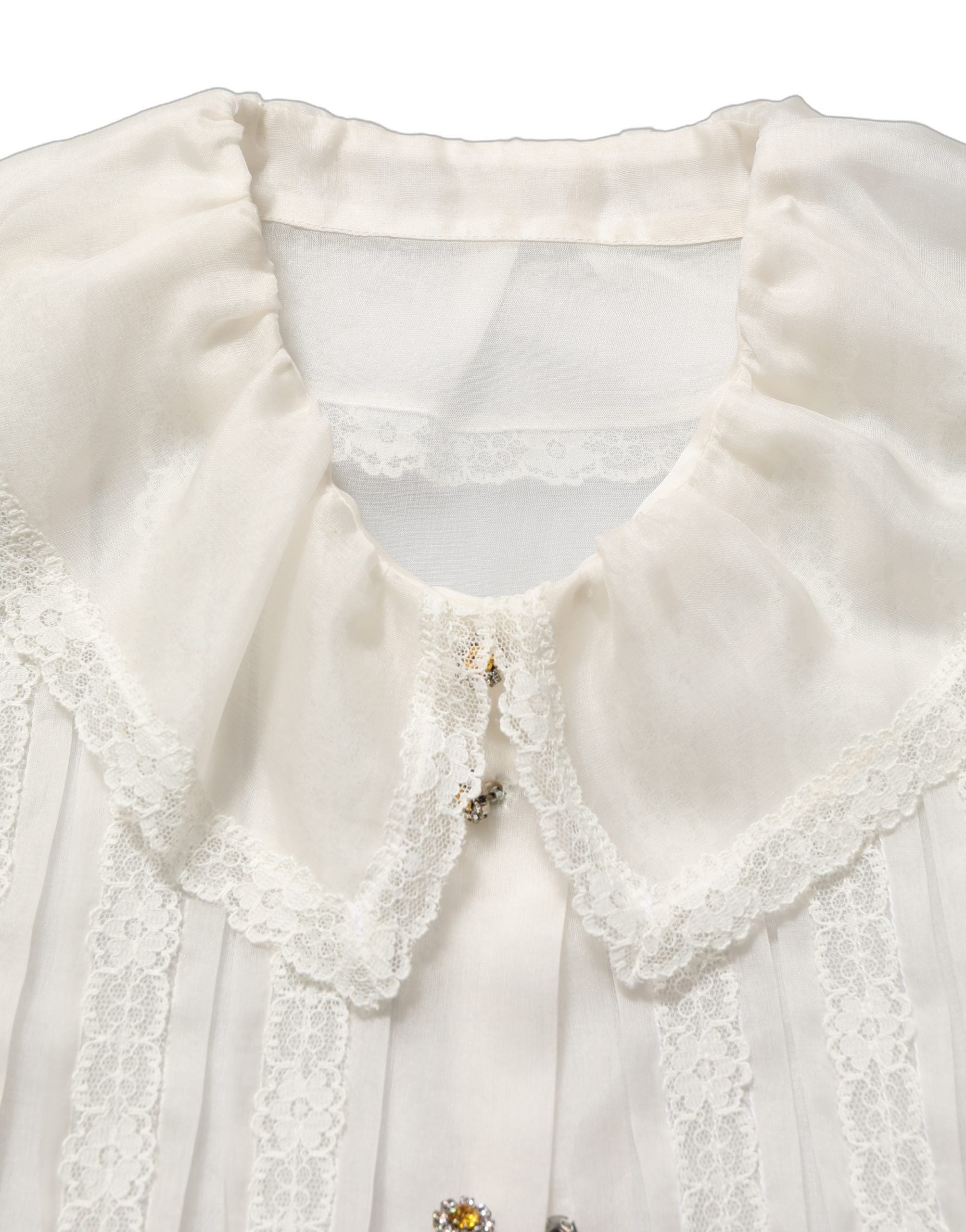 Dolce & Gabbana Weiße Rüschen-Bluse aus transparentem Seiden-Mix mit Knöpfen