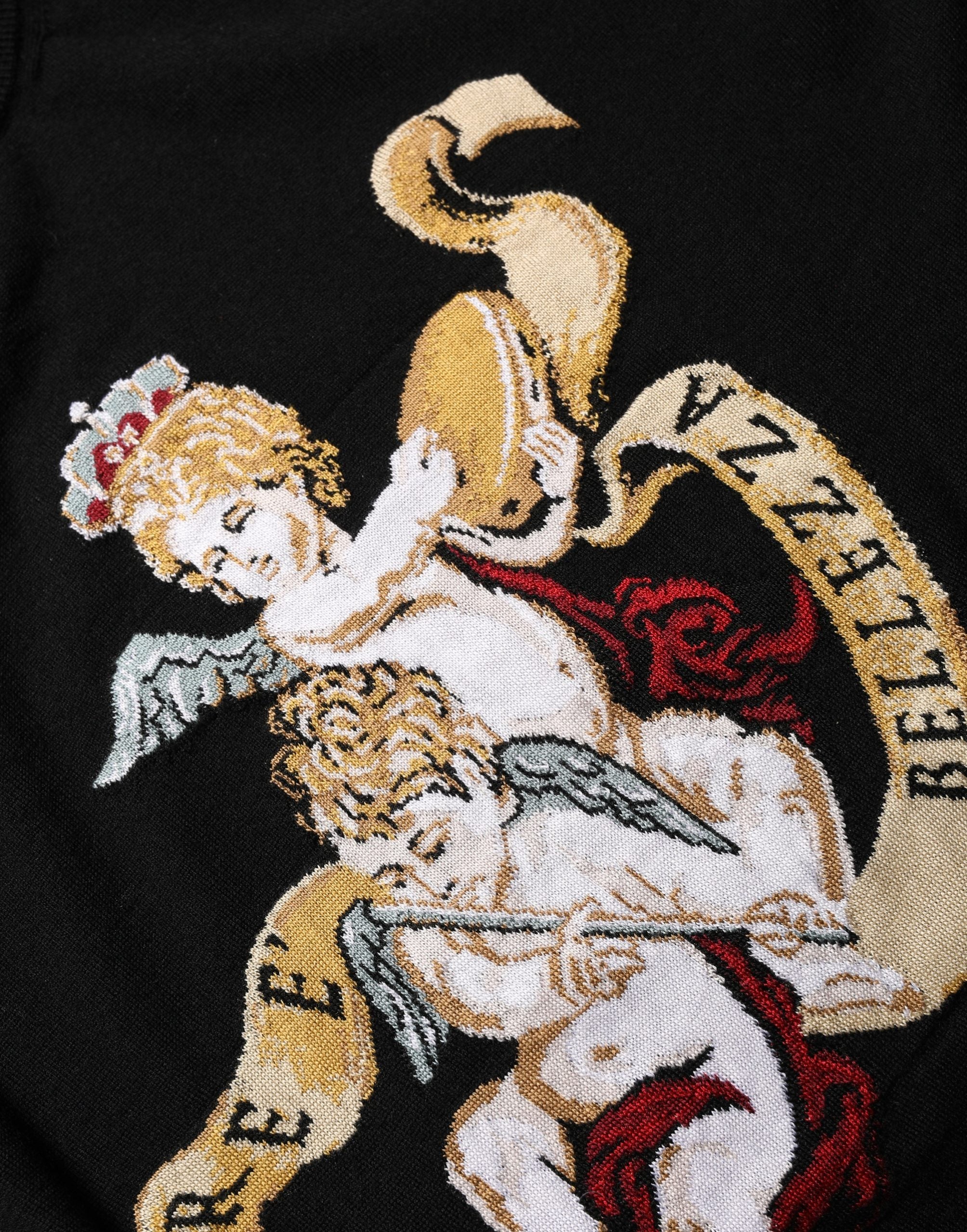 Dolce & Gabbana Pullover-Pullover aus schwarzer Wolle mit Rundhalsausschnitt und Engelsmotiv