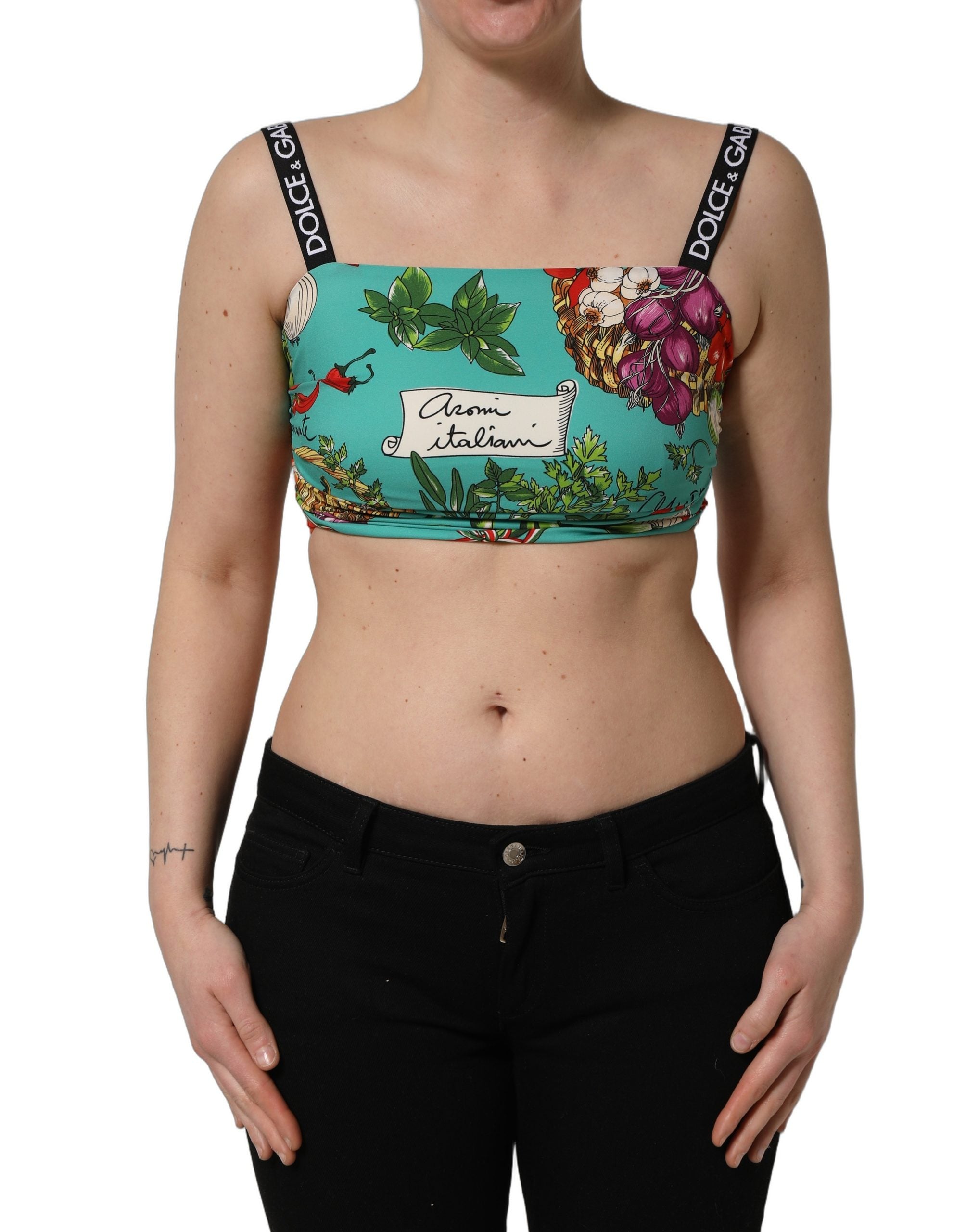 Dolce & Gabbana Türkisfarbener Seiden-Crop-Top mit Gemüseprint