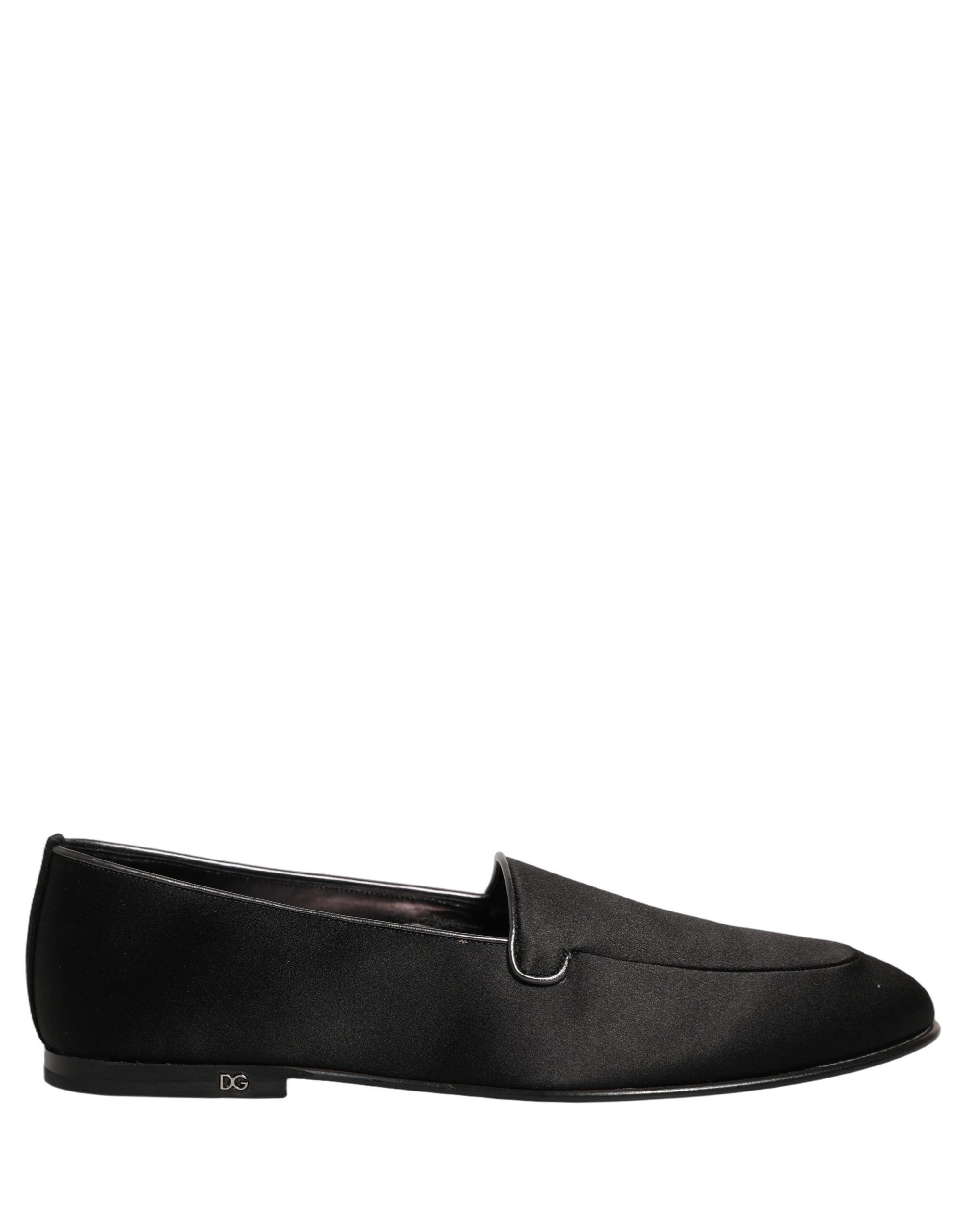 Dolce & Gabbana Schwarze Satin-Loafer mit Logo – Slip-On-Flats