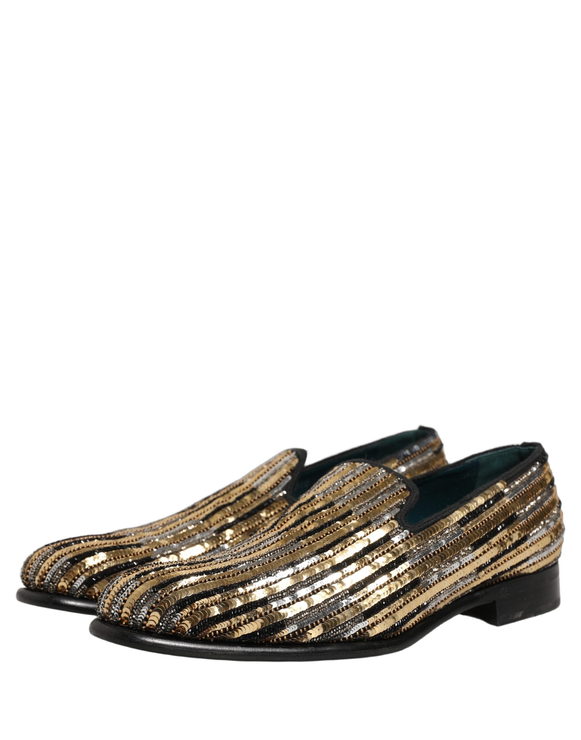 Dolce & Gabbana Gold gestreifte Loafer-Schuhe mit Paillettenbesatz