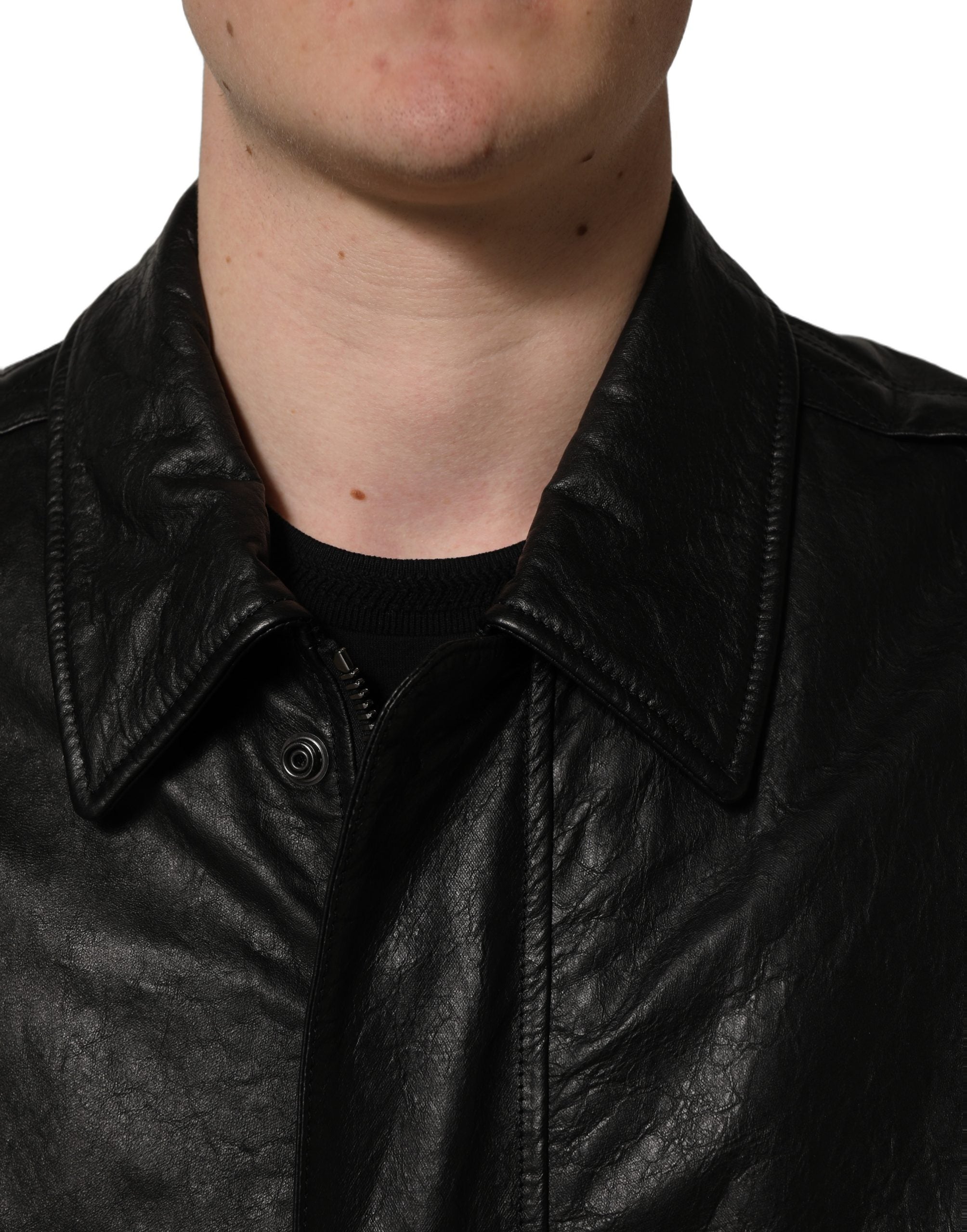 Dolce & Gabbana Herren-Bikerjacke aus schwarzem Leder mit durchgehendem Reißverschluss
