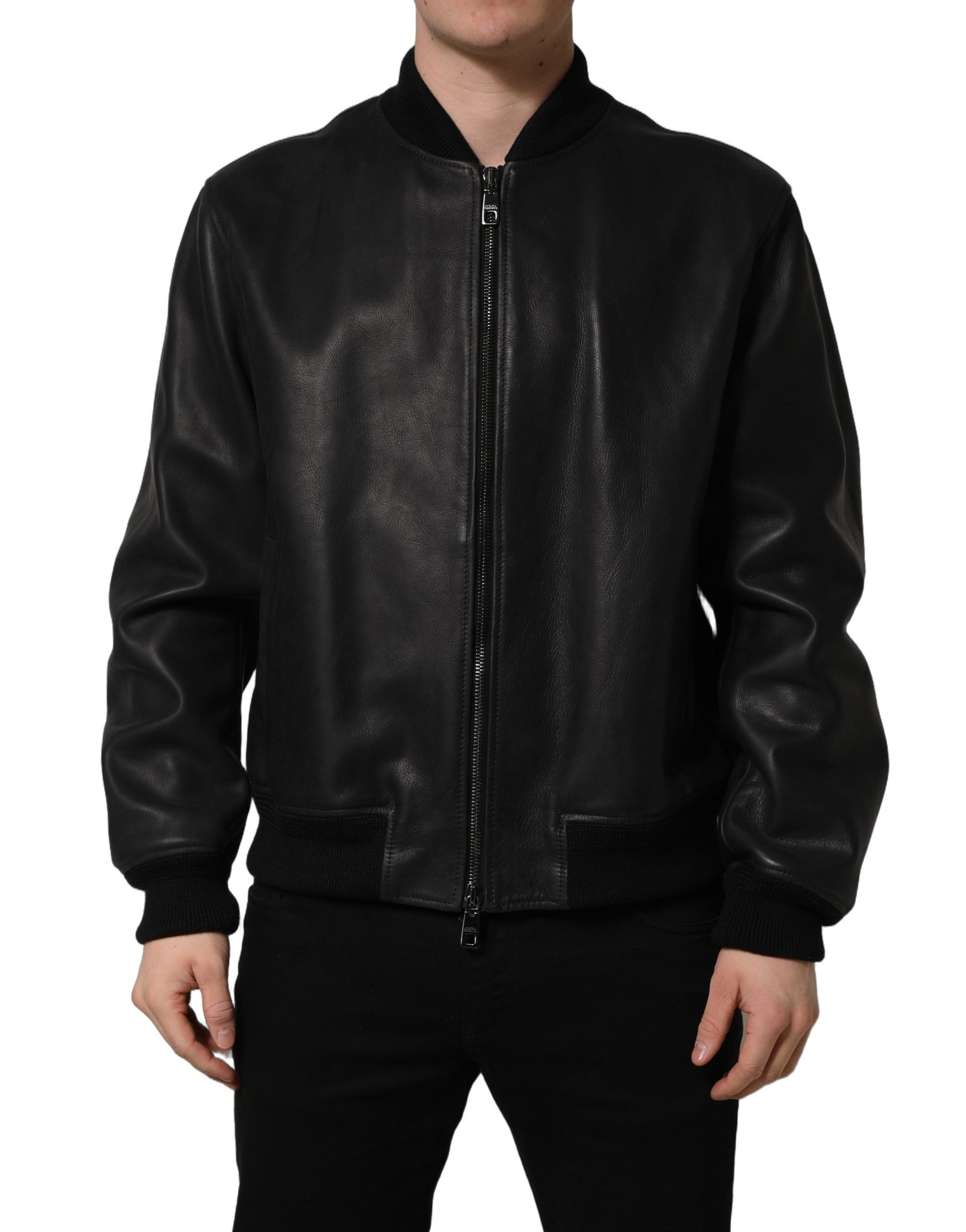 Dolce & Gabbana Herren-Bikerjacke aus schwarzem Leder mit durchgehendem Reißverschluss