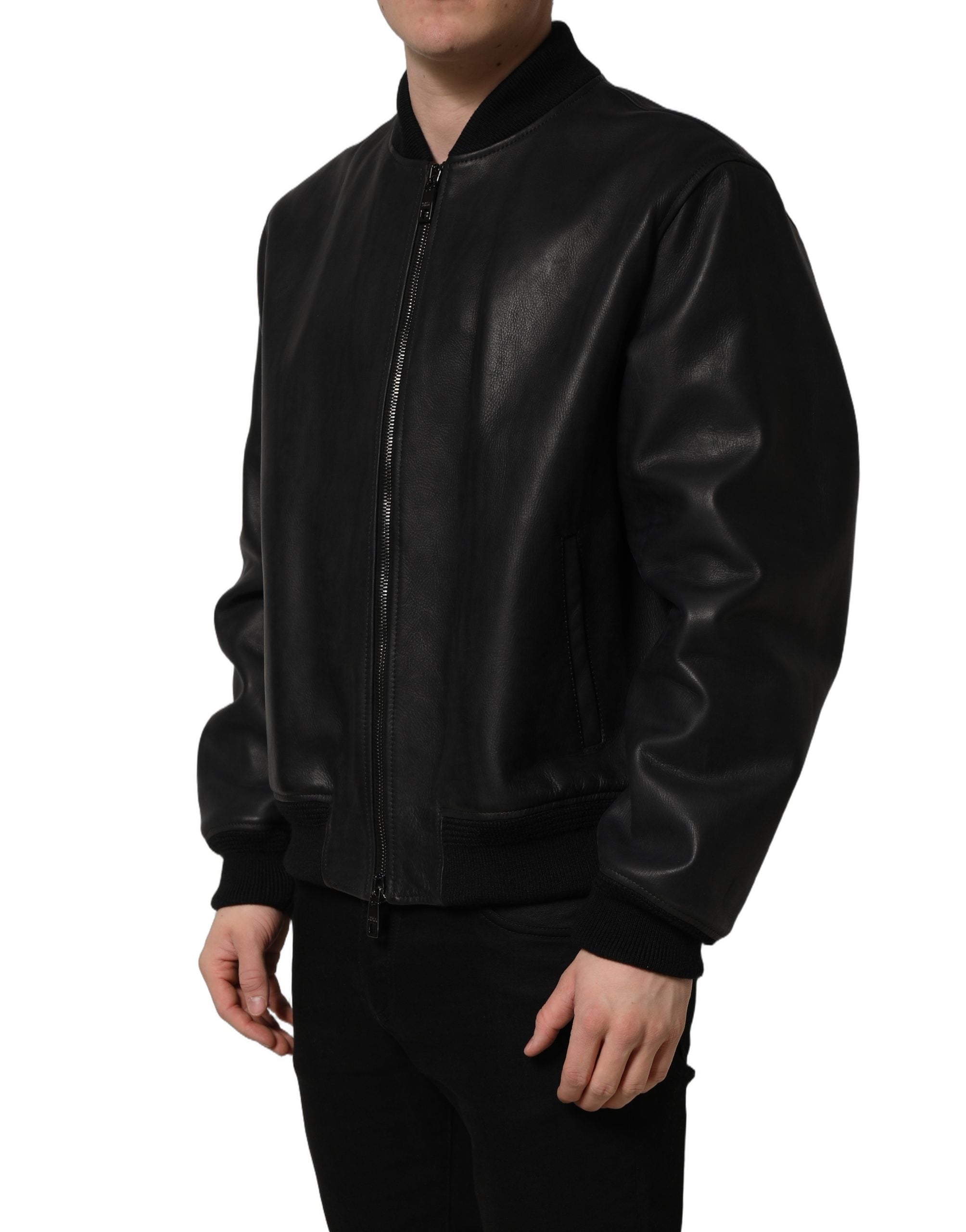 Dolce & Gabbana Herren-Bikerjacke aus schwarzem Leder mit durchgehendem Reißverschluss