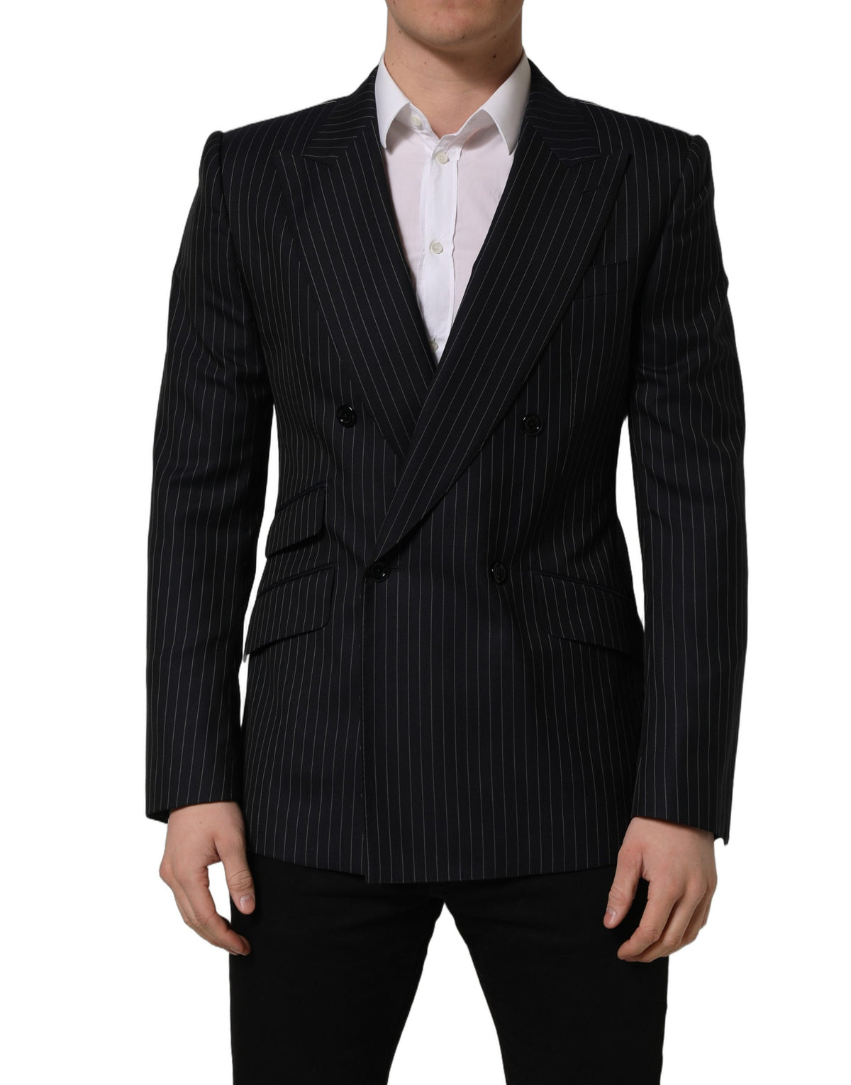 Dolce & Gabbana Schwarzer Nadelstreifen-Sakko aus Wolle mit Doppelreiherverschluss