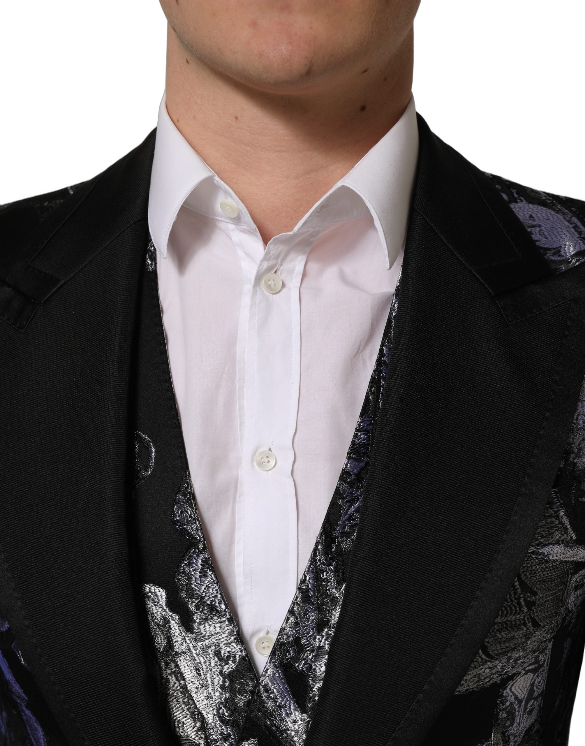Dolce & Gabbana Schwarzer Jacquard Slim Fit Anzug im 3-teiligen Set