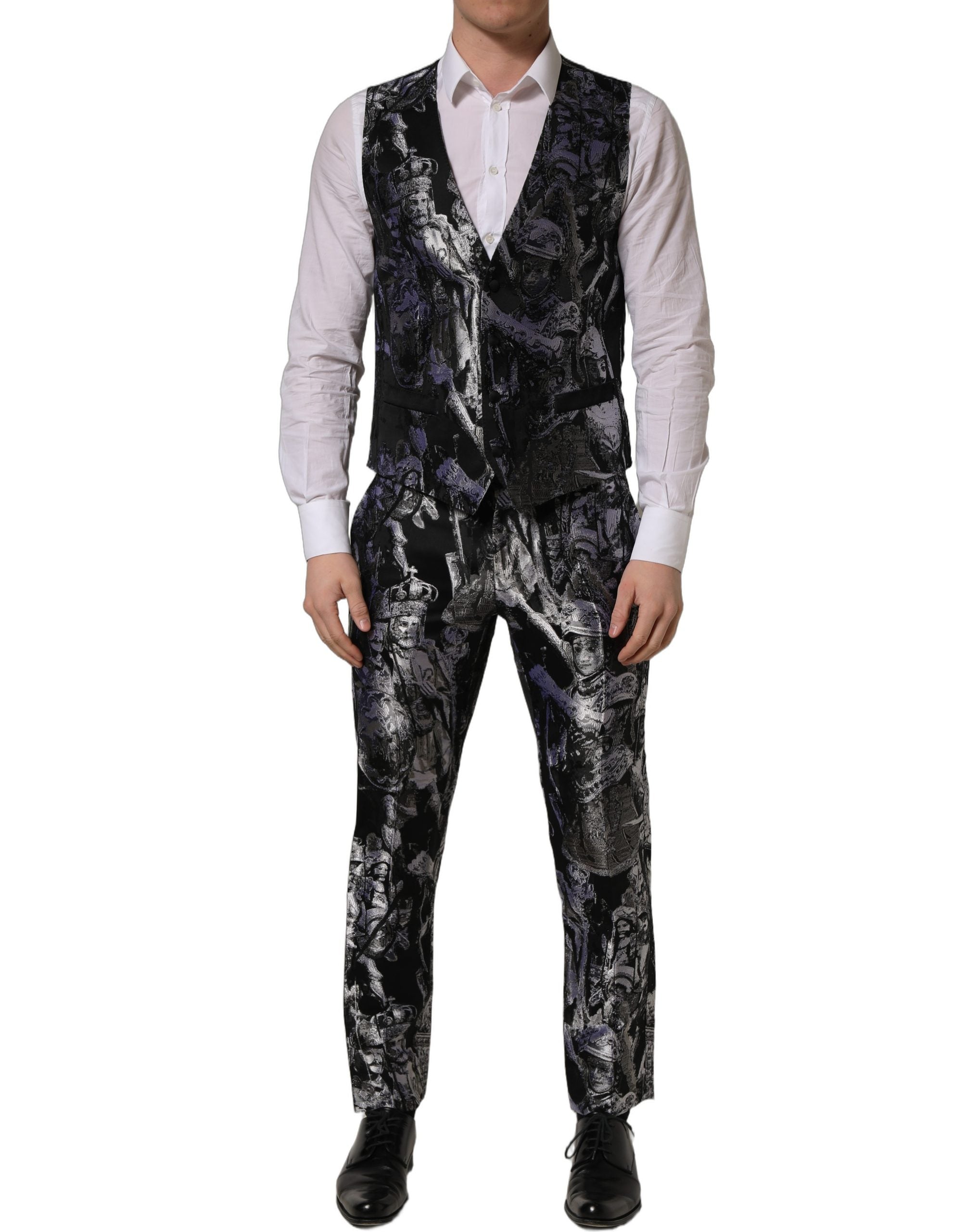 Dolce & Gabbana Schwarzer Jacquard Slim Fit Anzug im 3-teiligen Set