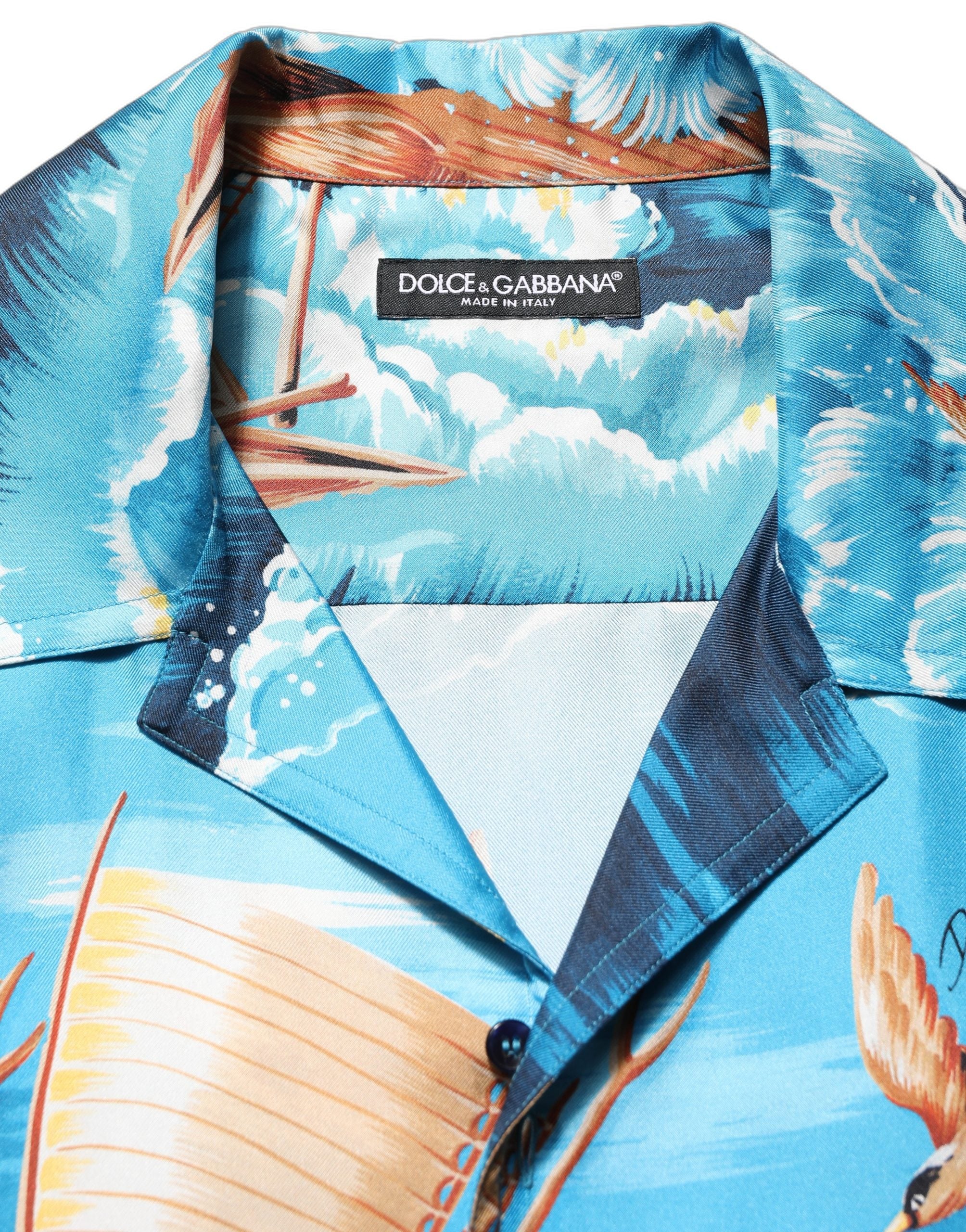 Dolce & Gabbana Blaues Seiden-Twill-Hemd mit Hawaiian-Print