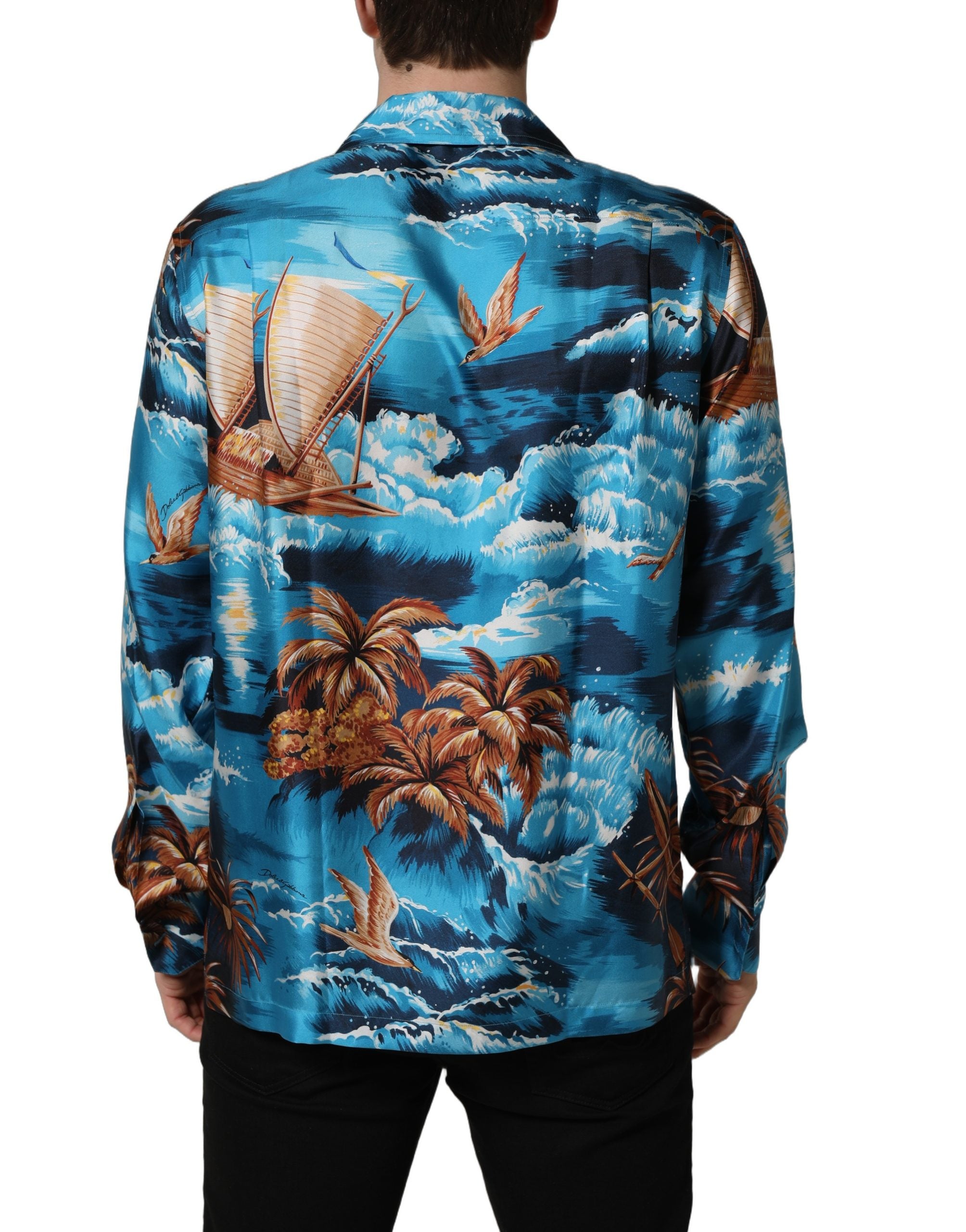 Dolce & Gabbana Blaues Seiden-Twill-Hemd mit Hawaiian-Print