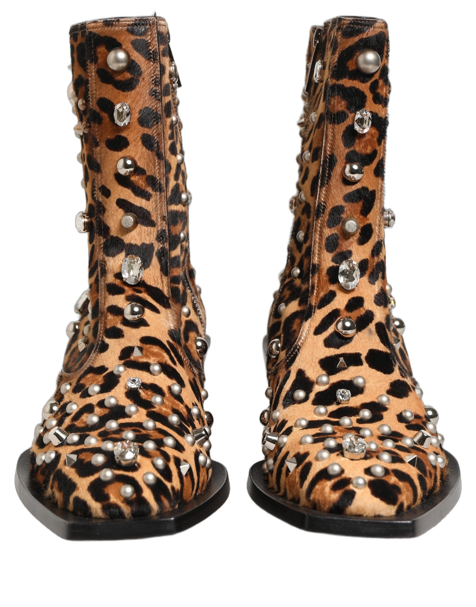 Dolce & Gabbana Braune Herren-Stiefel in Mid-Calf-Länge mit Leopardenmuster und Verzierungen