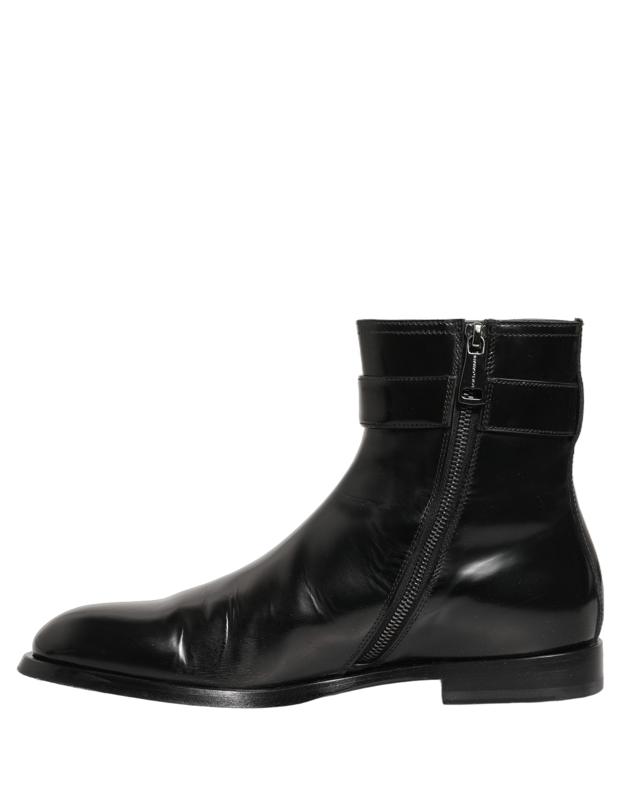 Dolce & Gabbana Schwarze Lederstiefel mit Logo-Schnalle, mittelhoher Schaft