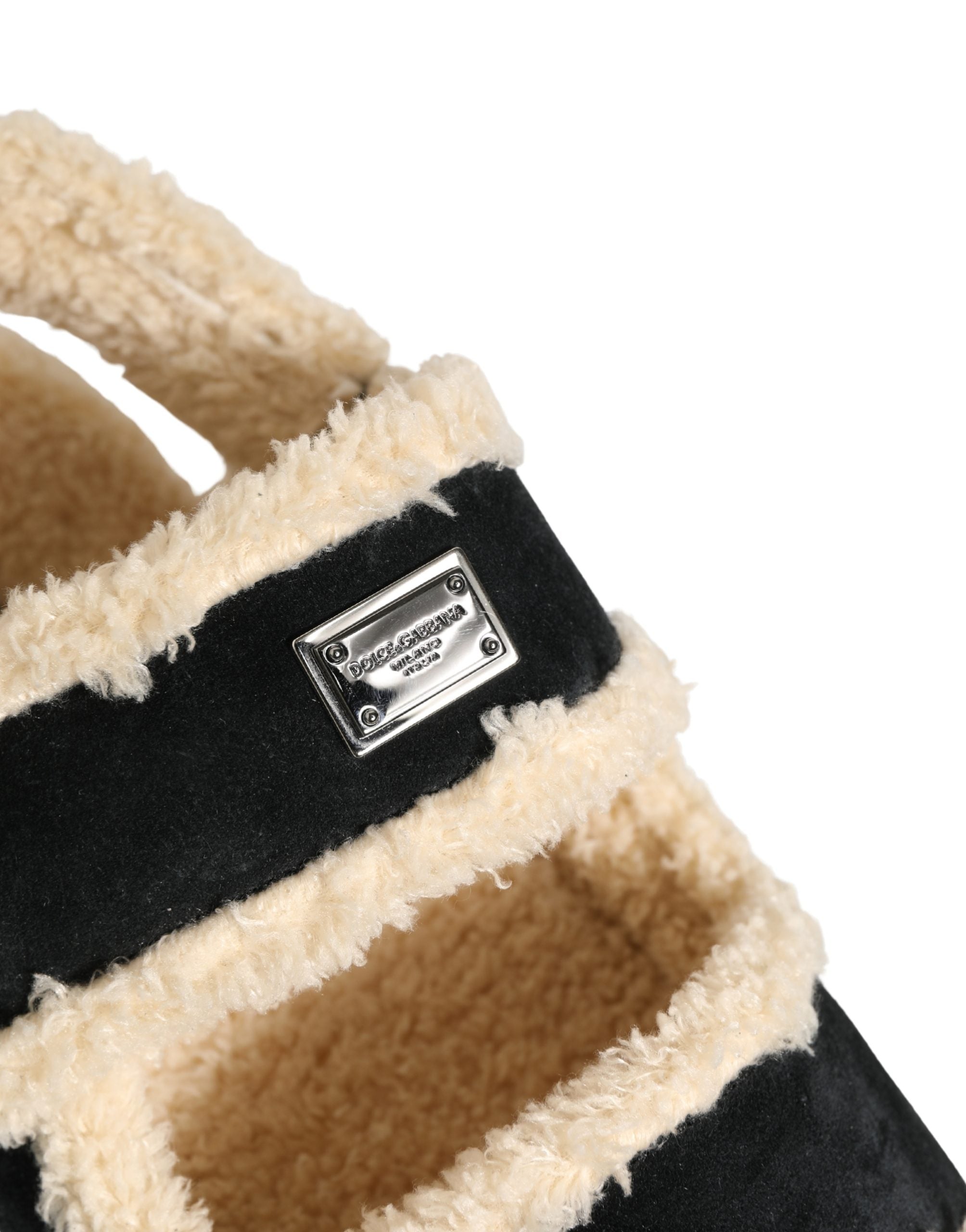 Dolce & Gabbana Beige Schwarze Faux Fur Pantoletten Herren Sandalen Schuhe