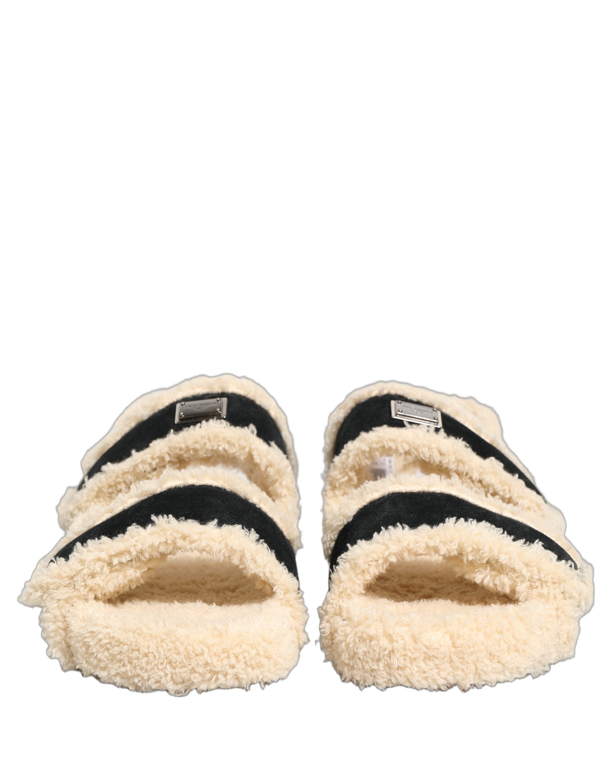 Dolce & Gabbana Beige Schwarze Faux Fur Pantoletten Herren Sandalen Schuhe