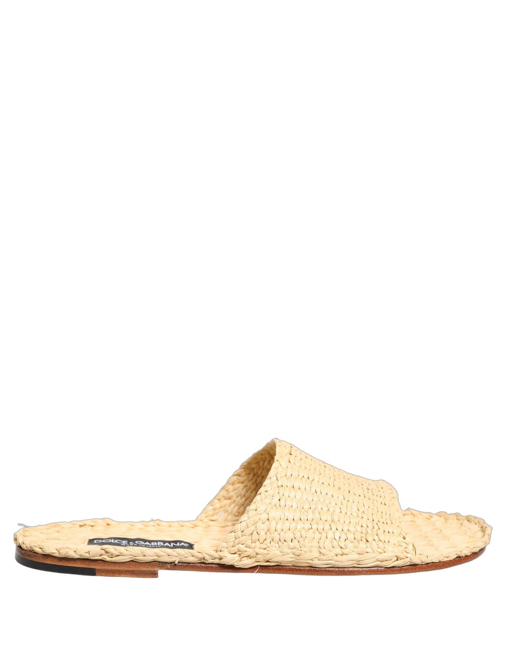 Dolce & Gabbana Beige Stroh-Raffia-Slipper Sandalen Flache Schuhe