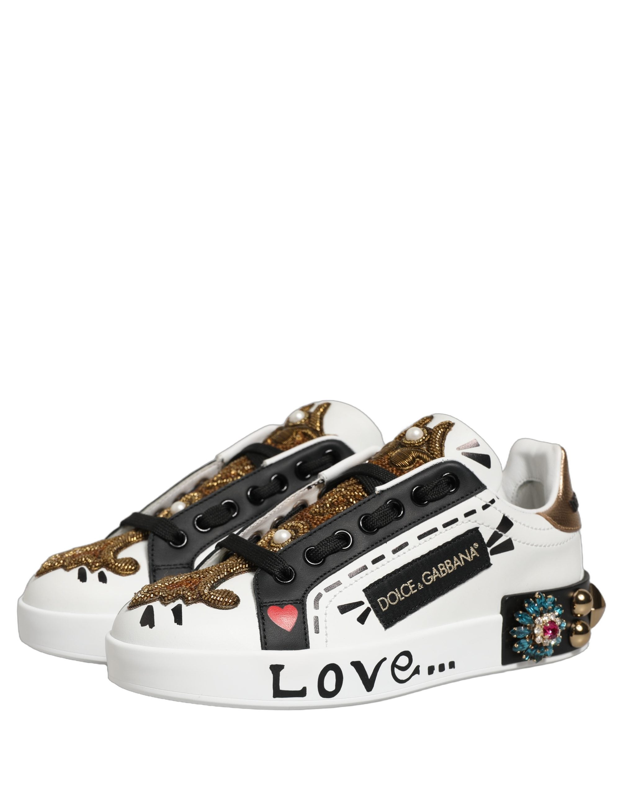 Dolce & Gabbana Weiße Portofino Sneaker mit Nieten aus Weißgold