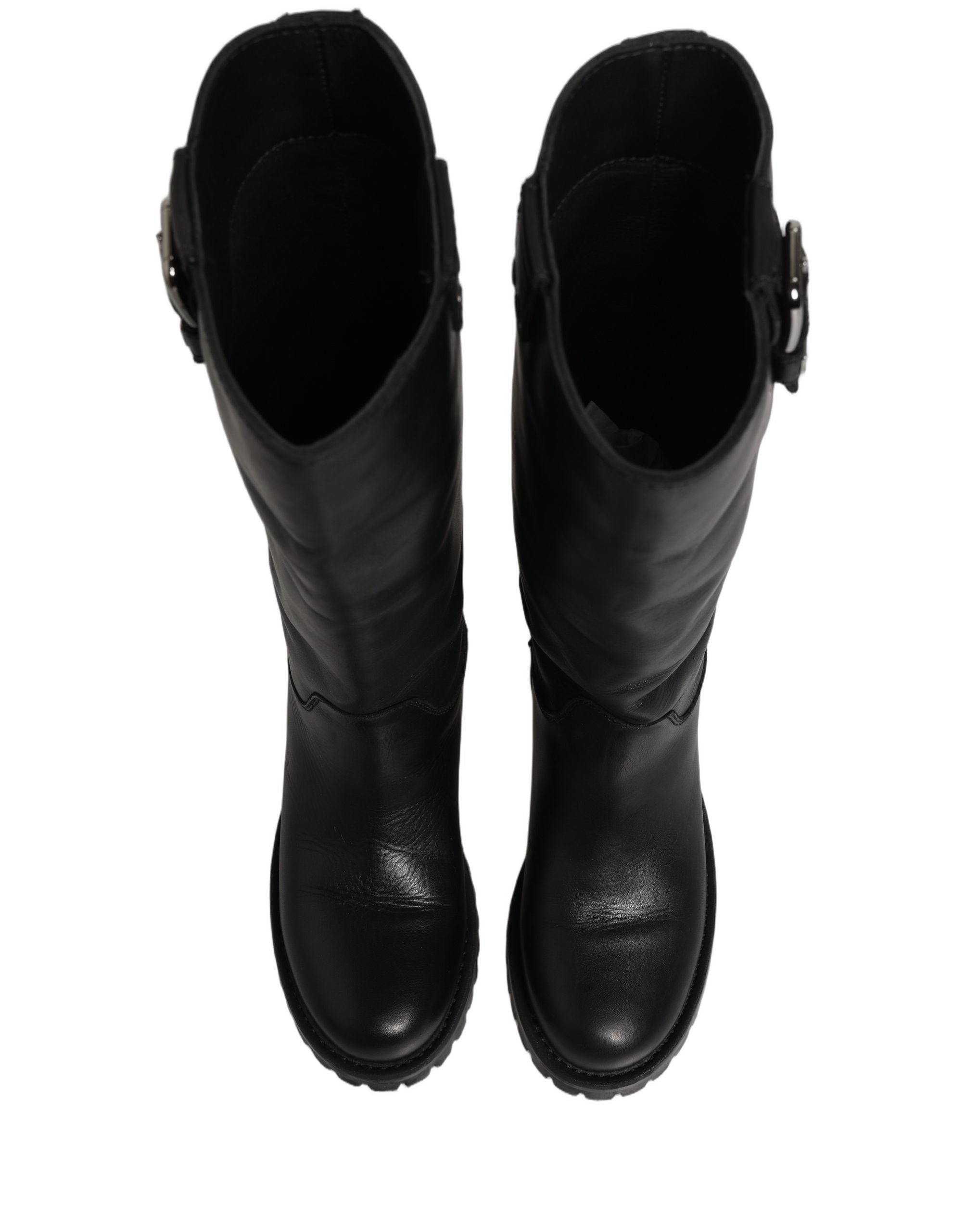 Dolce & Gabbana Schwarze Lederstiefel mit Schnallen-Detail, mittlere Wadenlänge