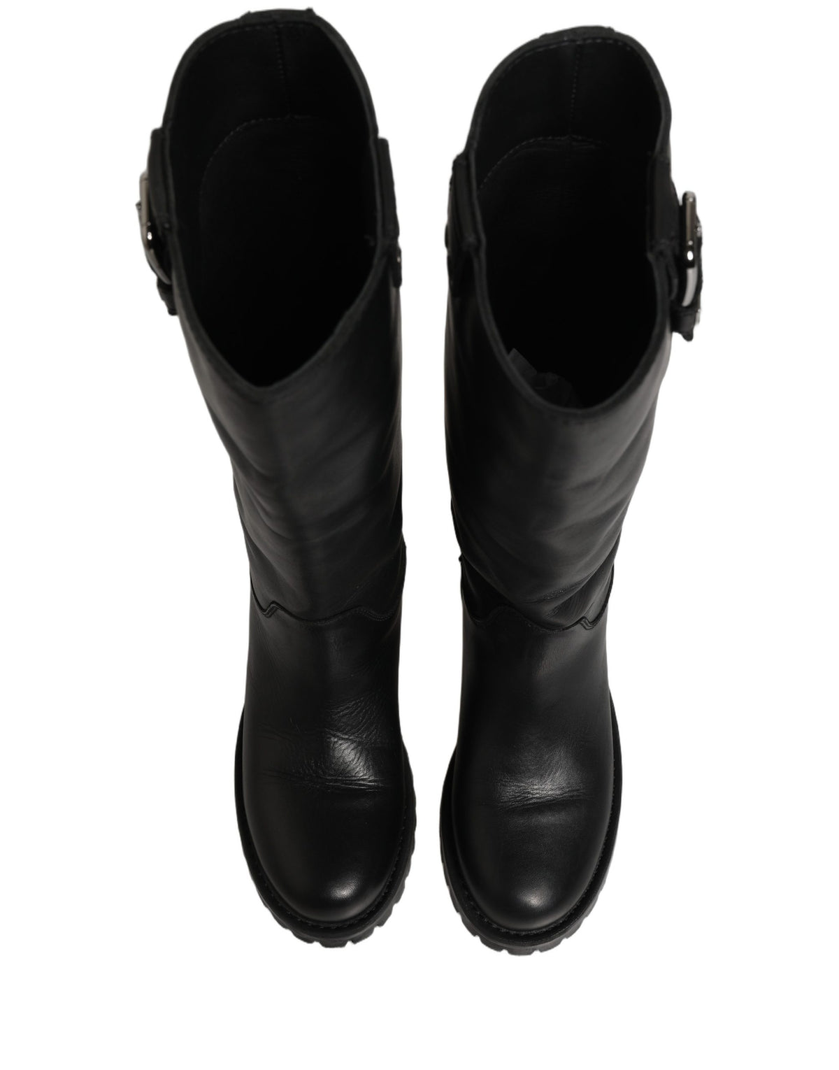 Dolce & Gabbana Schwarze Lederstiefel mit Schnallen-Detail, mittlere Wadenlänge