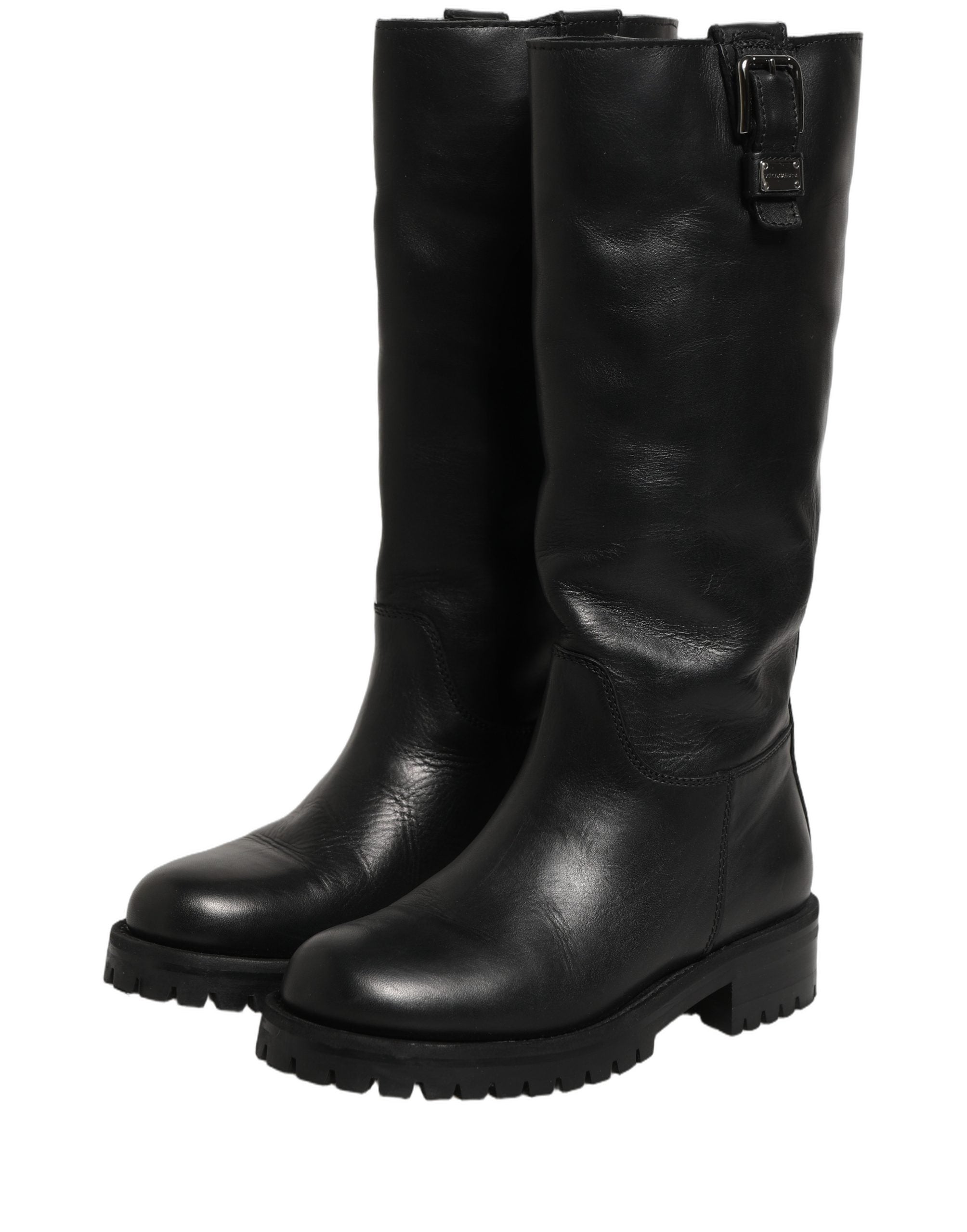Dolce & Gabbana Schwarze Lederstiefel mit Schnallen-Detail, mittlere Wadenlänge