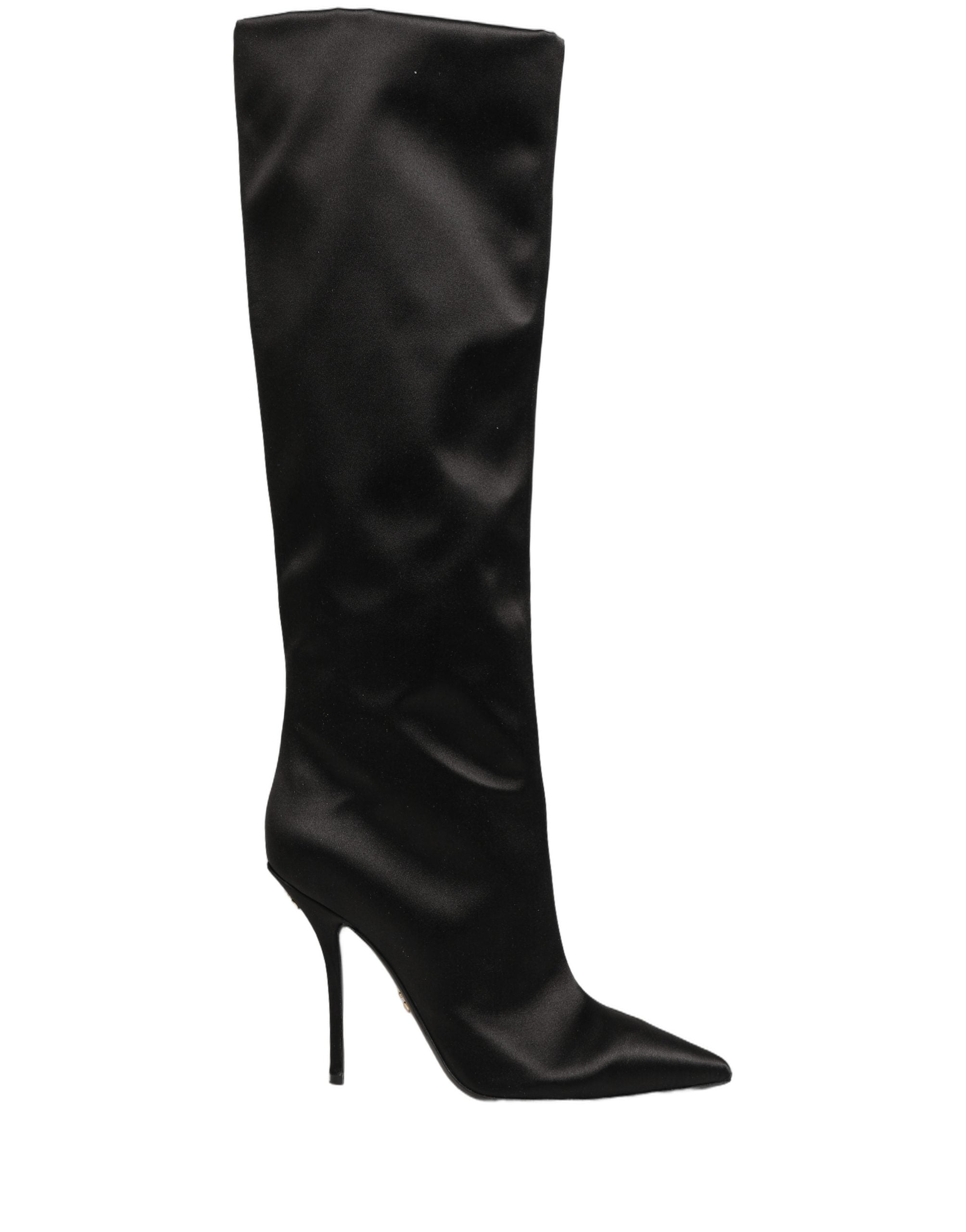 Dolce & Gabbana Schwarze Kniehohe Stiletto-Stiefel aus Satin