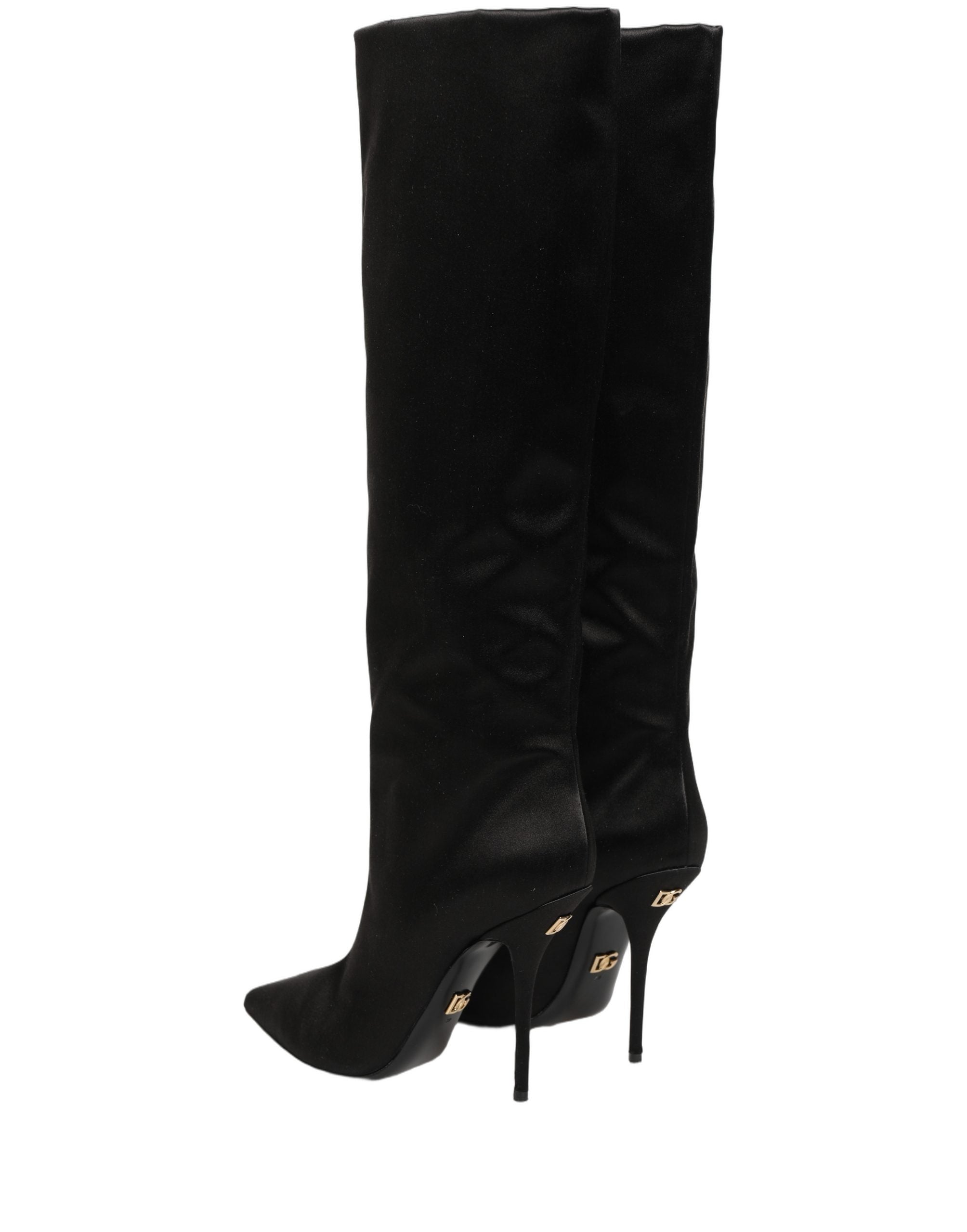 Dolce & Gabbana Schwarze Kniehohe Stiletto-Stiefel aus Satin