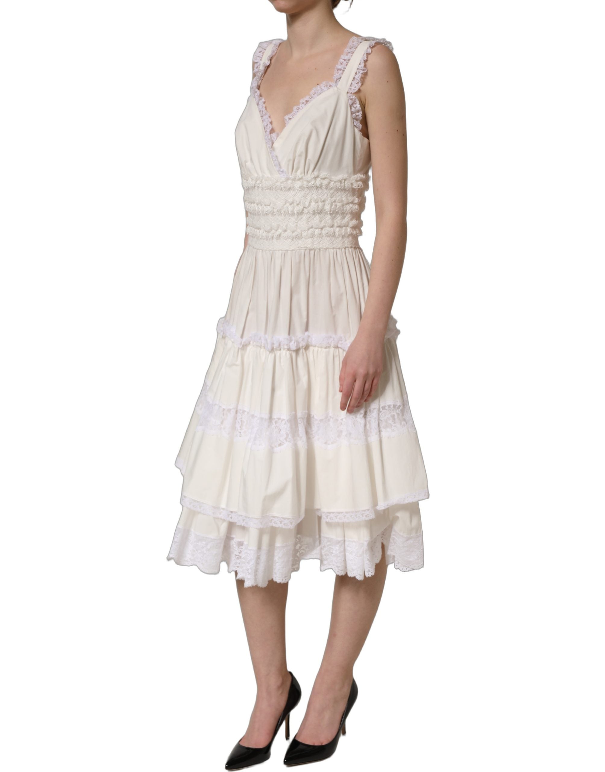 Dolce & Gabbana Midi-Kleid aus weißem Baumwollpopeline mit Rüschen