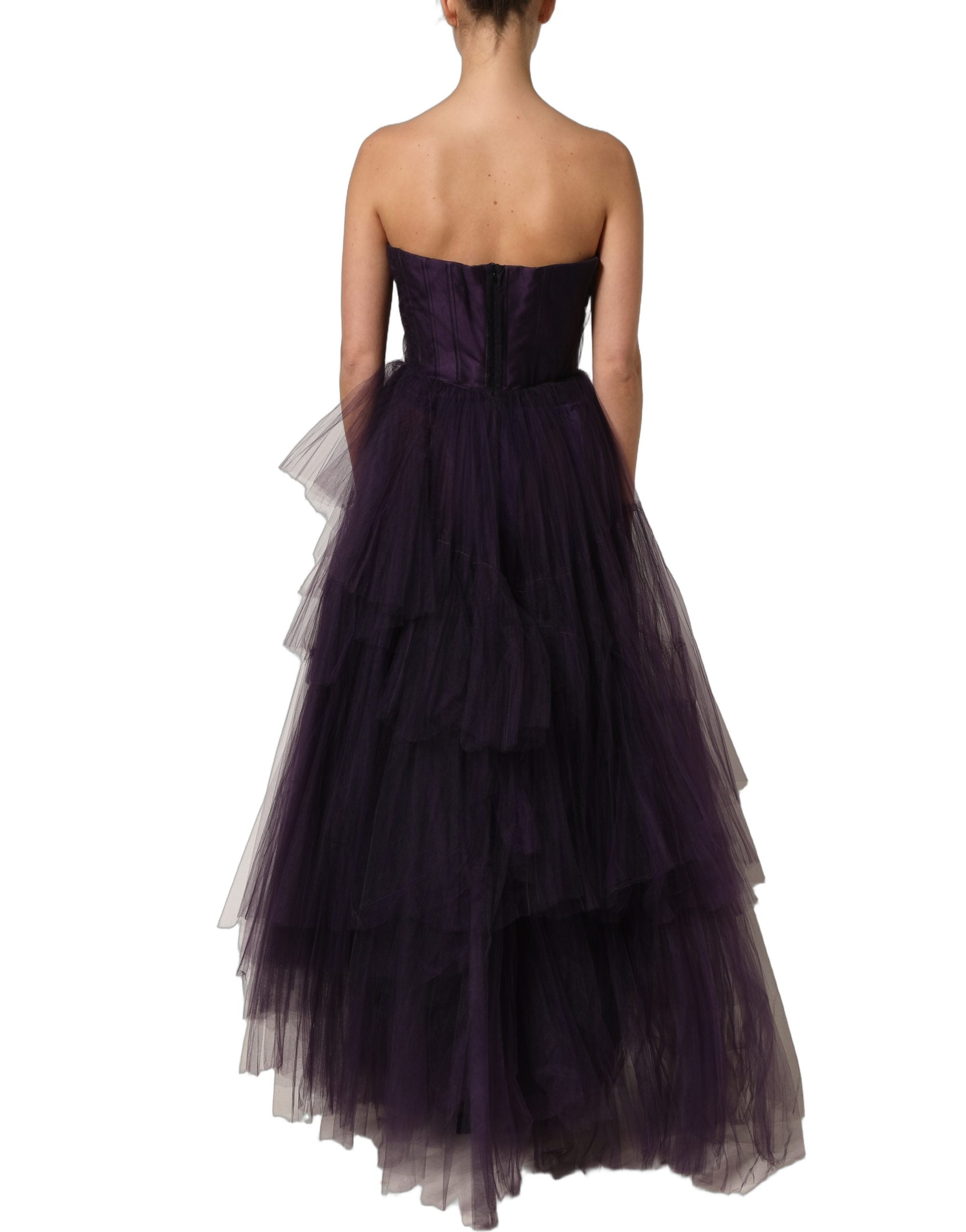 Dolce & Gabbana Lila bodenlanges Tüll-Seiden-Abendkleid mit Volants