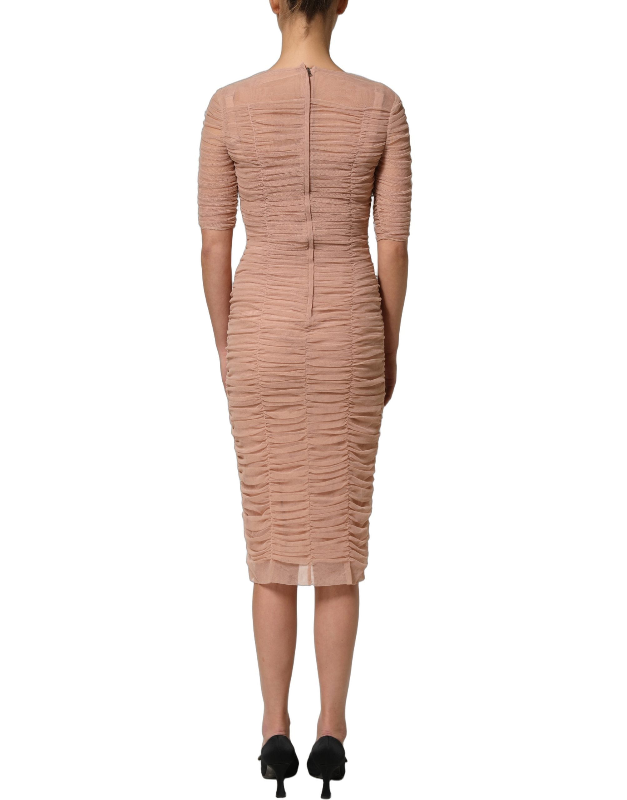 Dolce & Gabbana Beige Baumwoll-Mesh-Raffungen Etuikleid Midi
