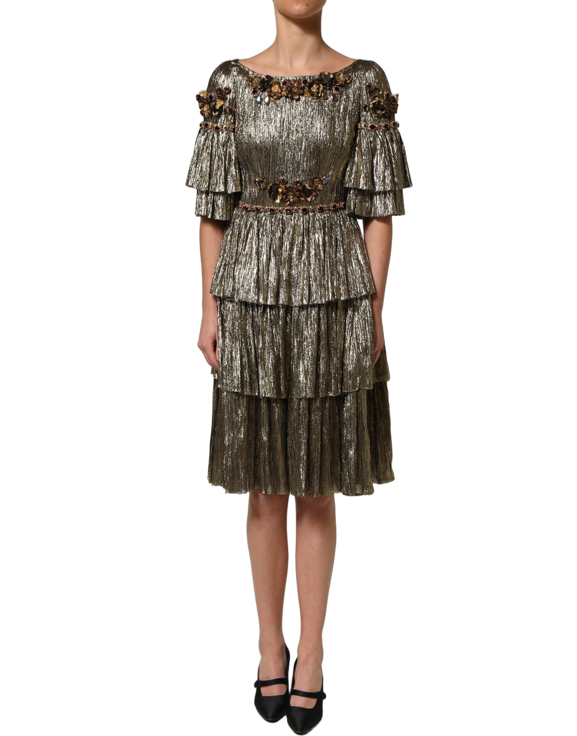 Dolce & Gabbana Midi-Kleid aus Metallic-Gold mit Verzierungen und Stufen-Design