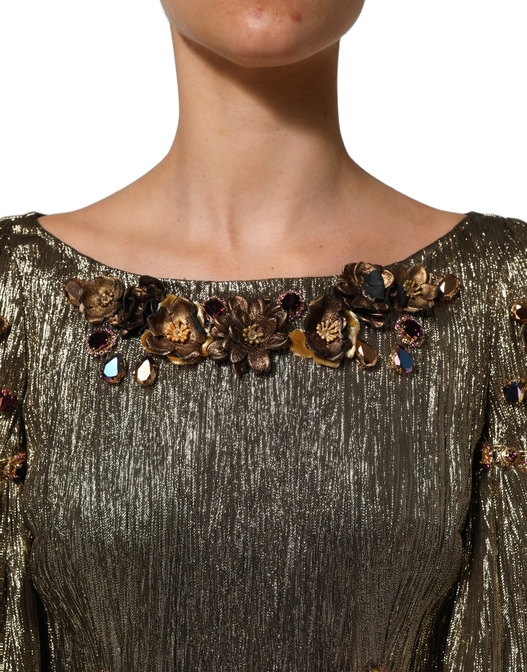Dolce & Gabbana Midi-Kleid aus Metallic-Gold mit Verzierungen und Stufen-Design