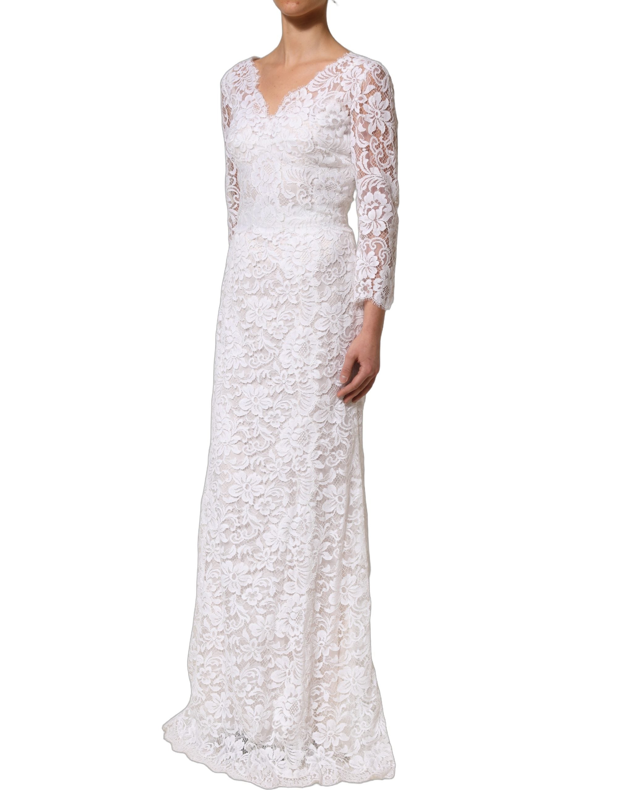 Dolce & Gabbana Langes Spitzen-Abendkleid aus weißer Baumwolle