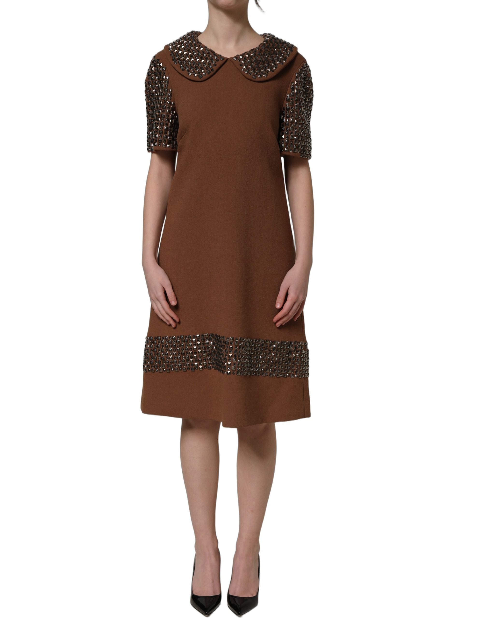 Dolce & Gabbana Braunes Wollkleid mit Strassbesatz, Midi-Länge