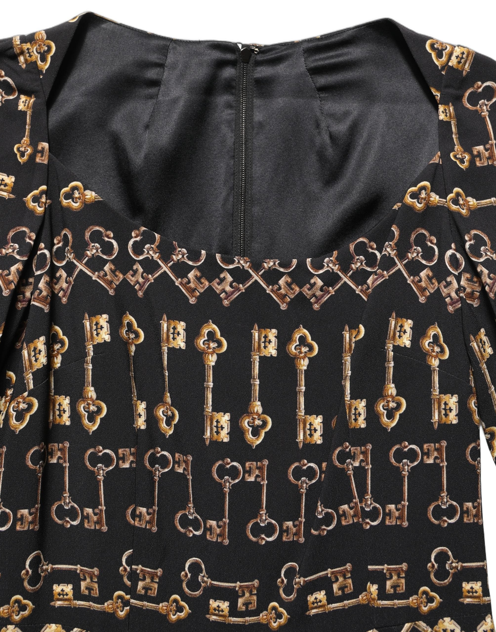 Dolce & Gabbana Schwarzes Etuikleid mit langem Arm und Schlüssel-Print
