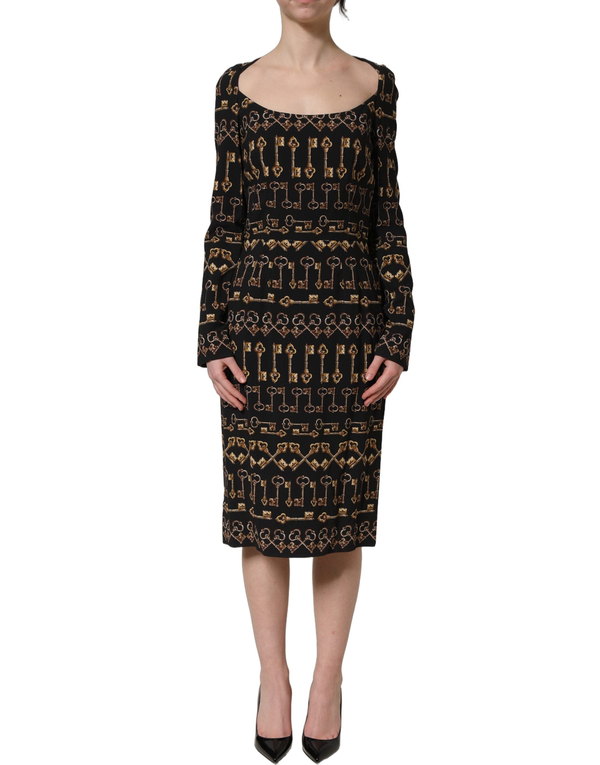 Dolce & Gabbana Schwarzes Etuikleid mit langem Arm und Schlüssel-Print