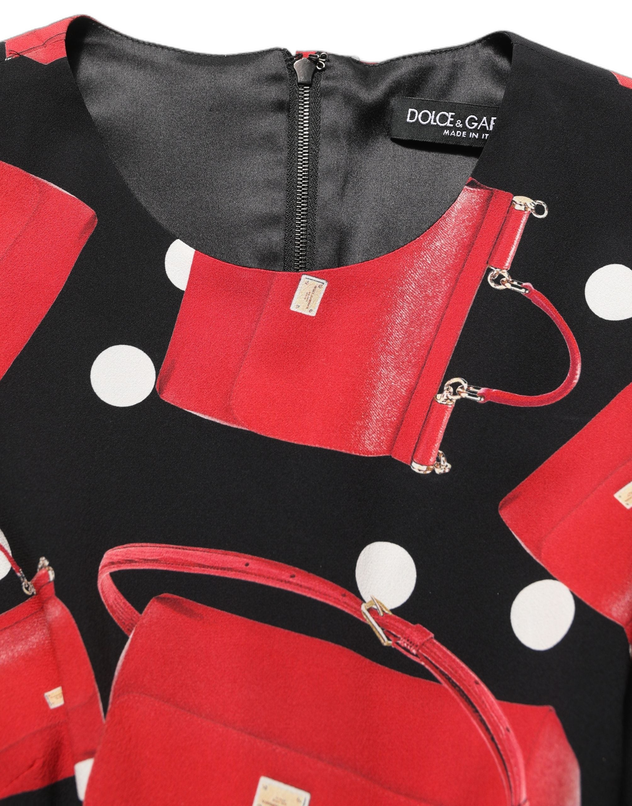 Dolce & Gabbana Schwarzes Midikleid mit Langarm und Handtaschen-Print