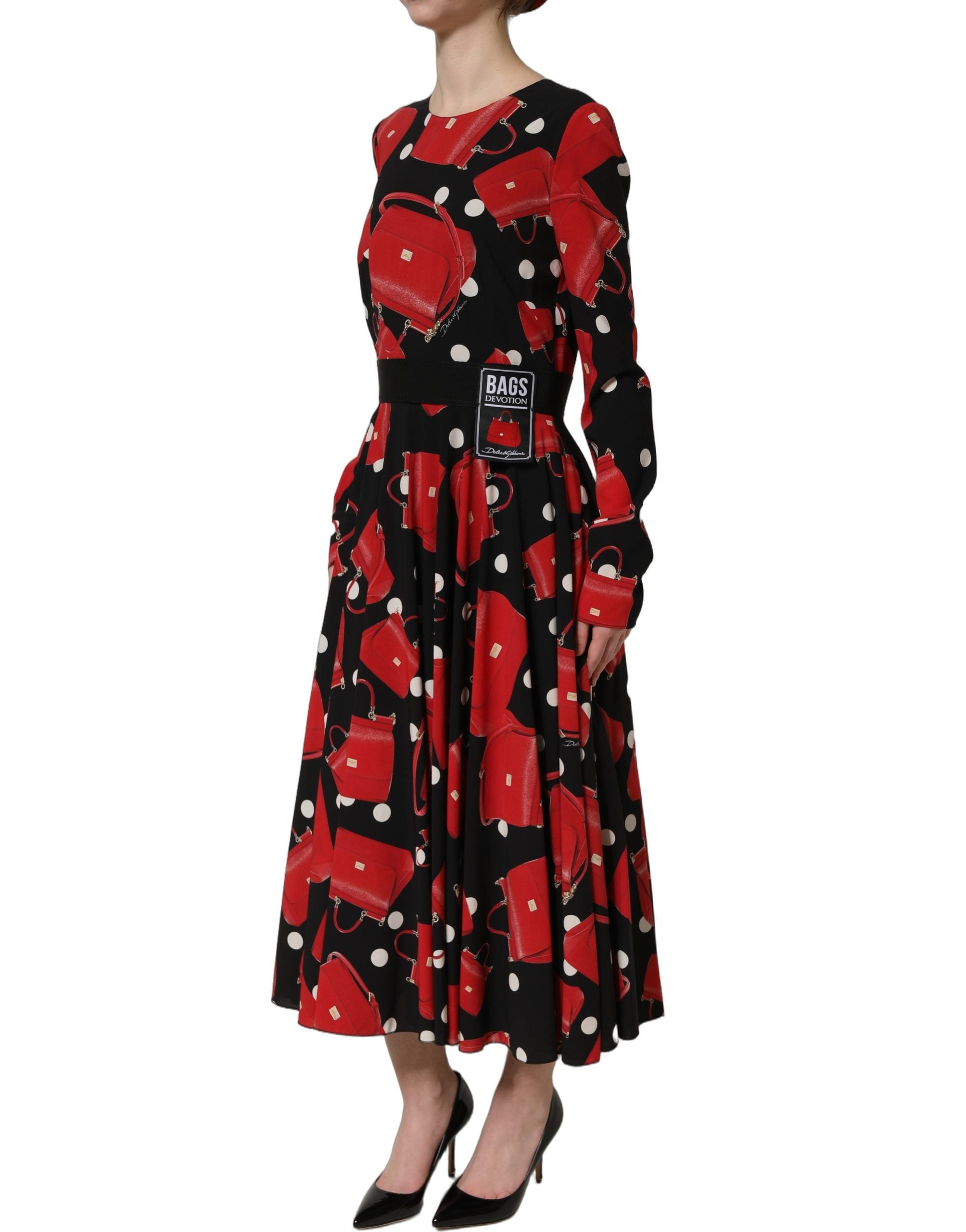 Dolce & Gabbana Schwarzes Midikleid mit Langarm und Handtaschen-Print