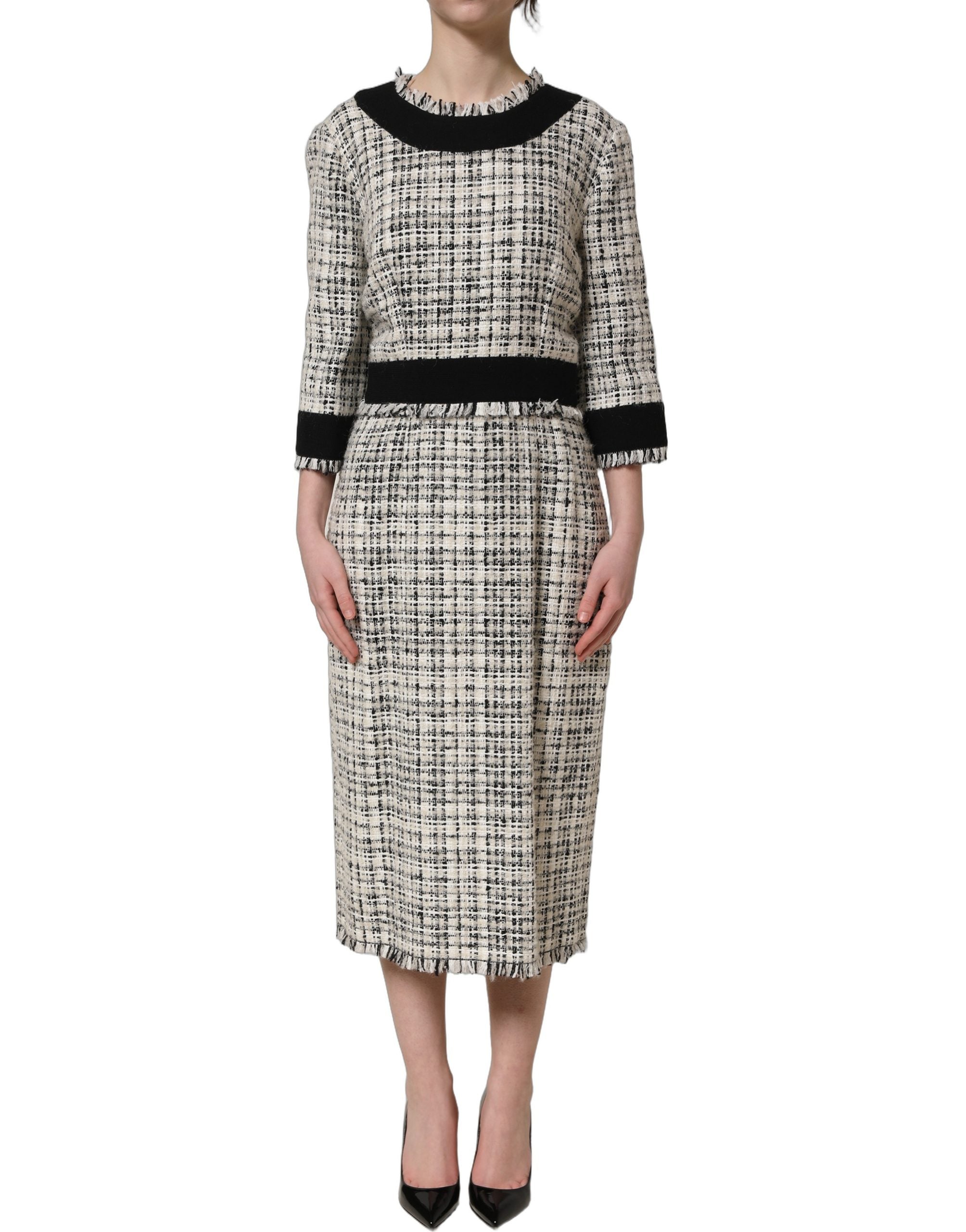 Dolce & Gabbana Midikleid aus mehrfarbigem Bouclé-Tweed mit Fransenbesatz