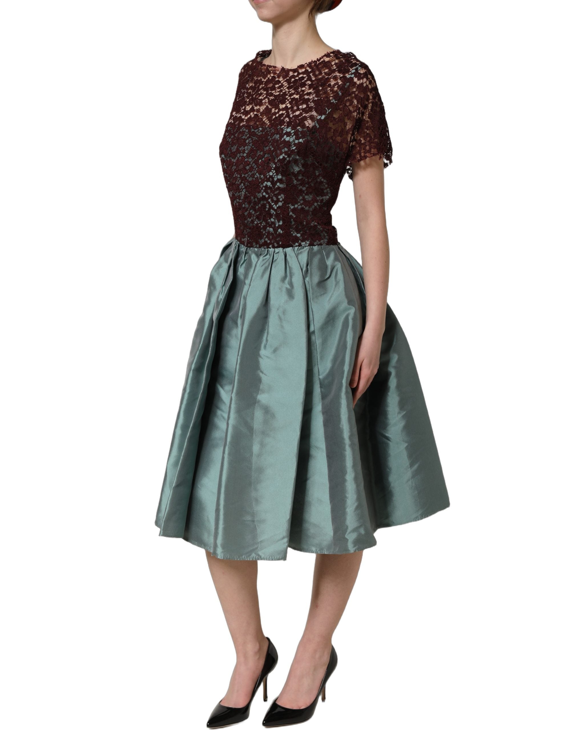 Dolce & Gabbana Mehrfarbiges Blumen-Spitzen-Taft-Midikleid mit Falten