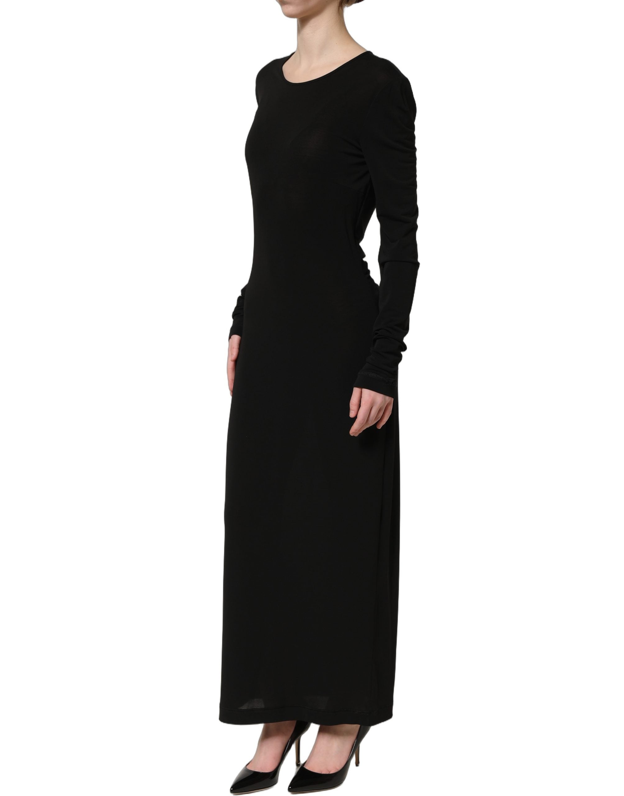 Dolce & Gabbana Schwarzes Maxikleid aus Baumwolle mit langen Ärmeln